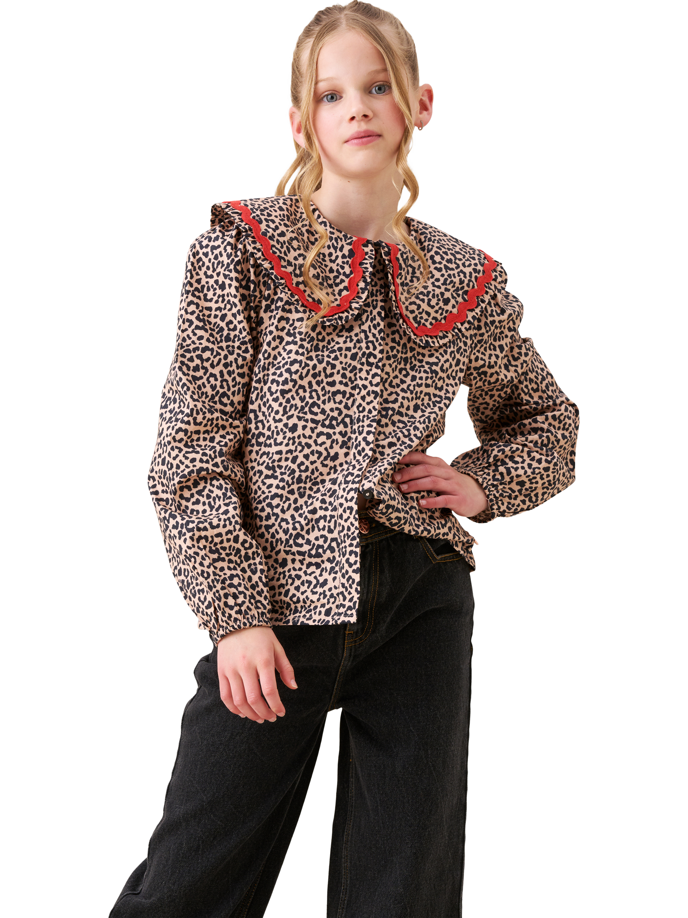 Product image 6 of 9, which shows Angel & Rocket Cotton Long Sleeved Frill Collar Shirt, Brown, 6 years