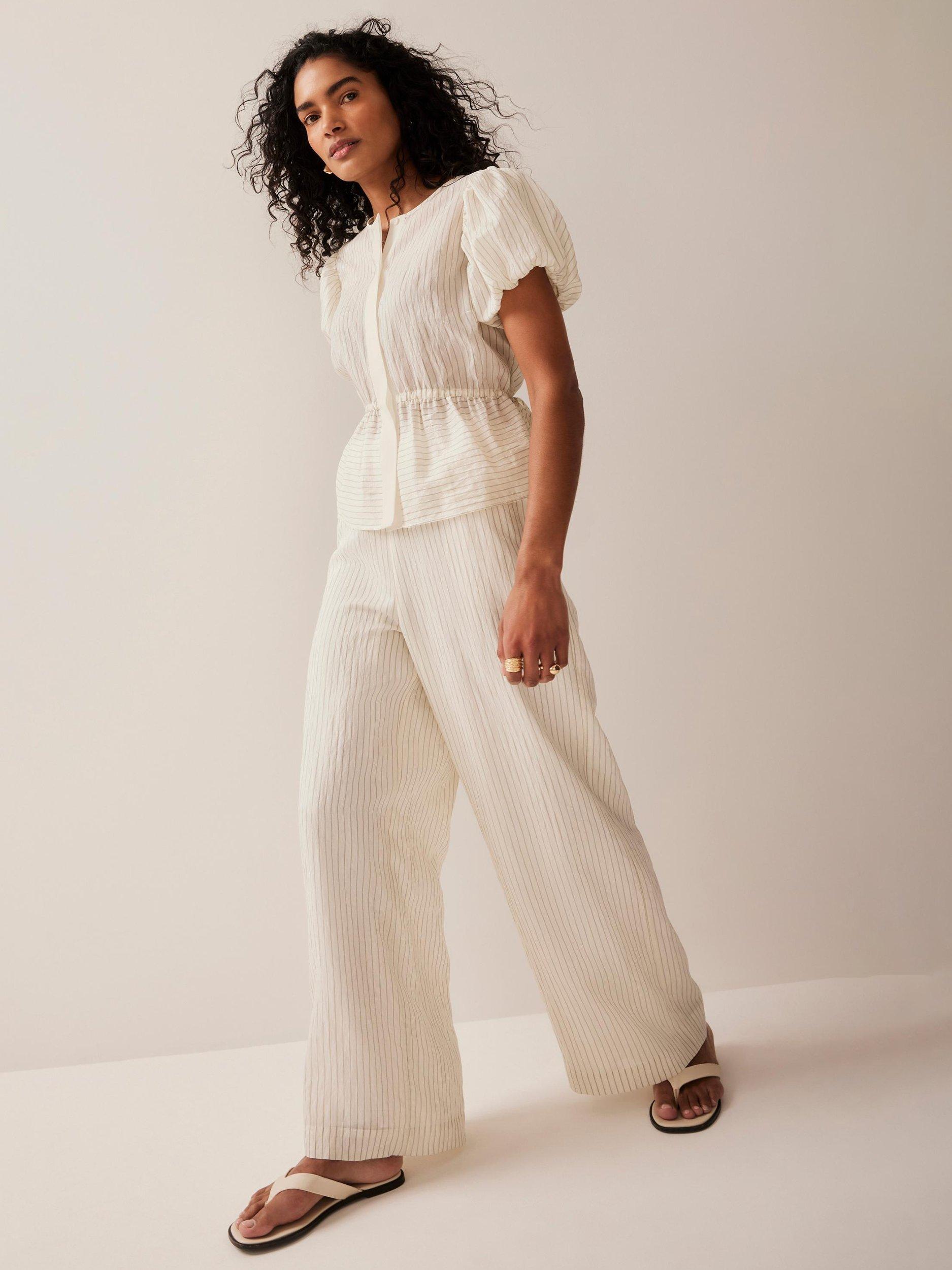 Product image 1 of 7, which shows Mint Velvet Stripe Wide Leg Trousers, Cream, XS Reg