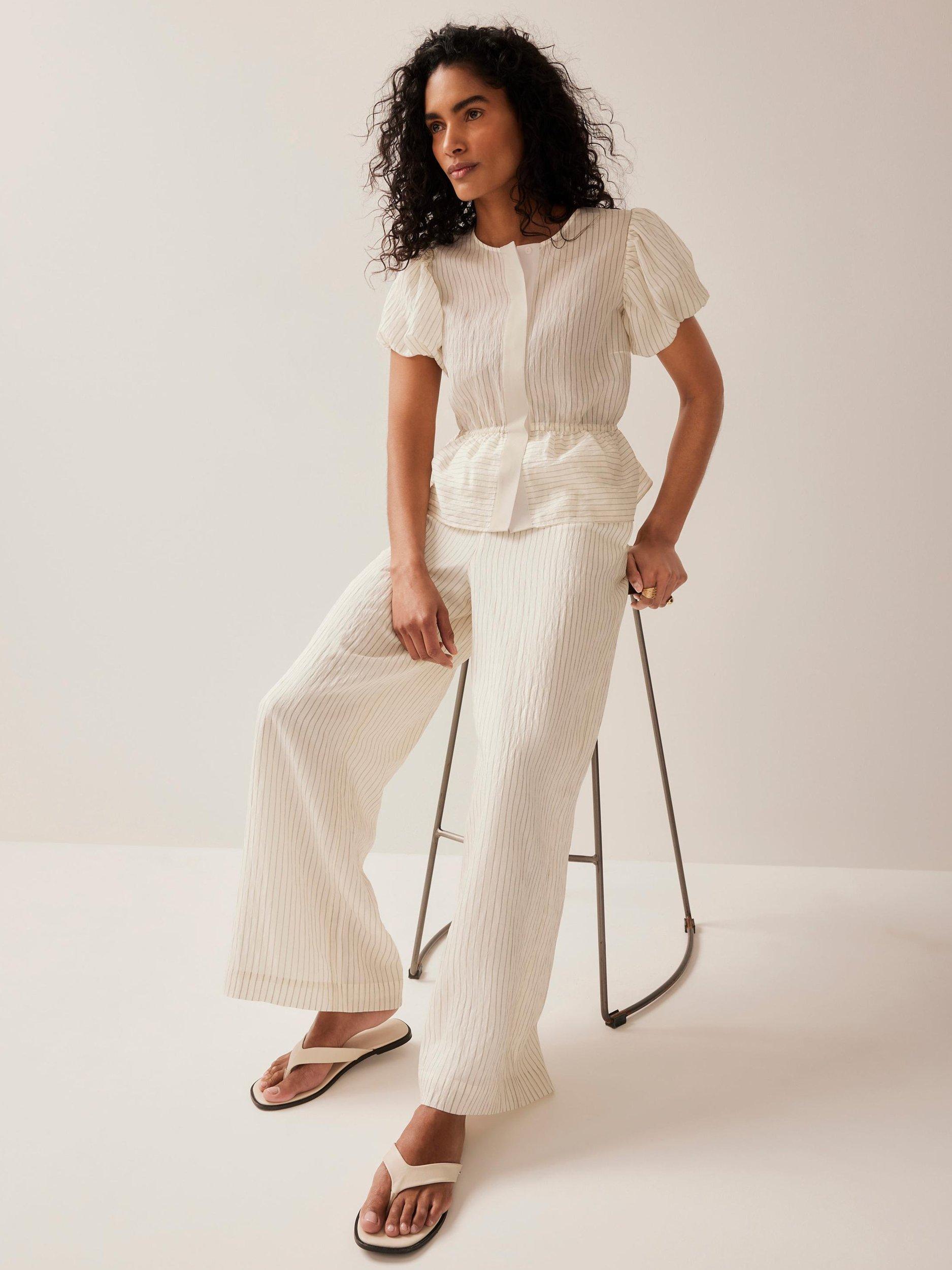 Product image 2 of 7, which shows Mint Velvet Stripe Wide Leg Trousers, Cream, XS Reg