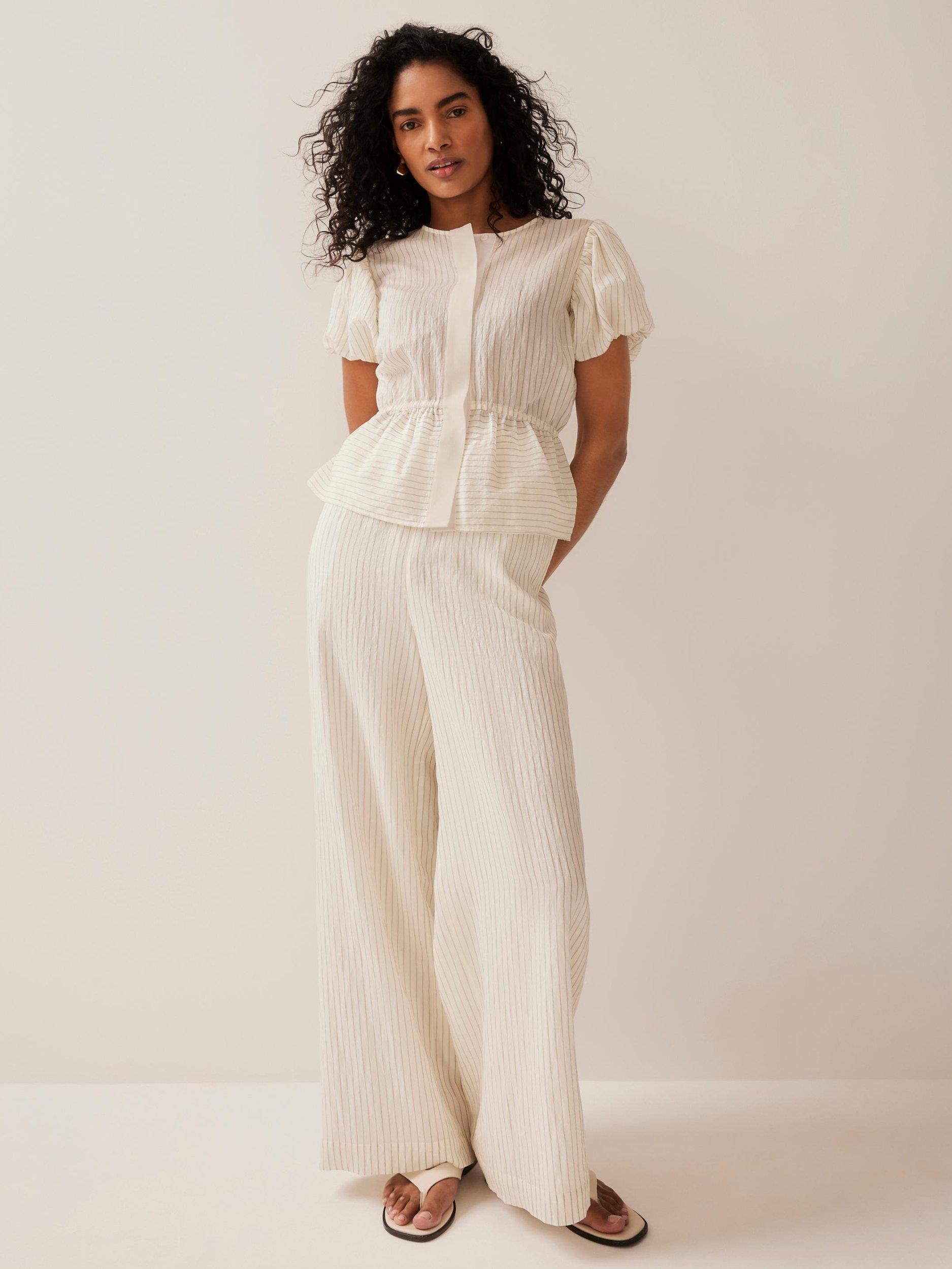 Product image 3 of 7, which shows Mint Velvet Stripe Wide Leg Trousers, Cream, XS Reg