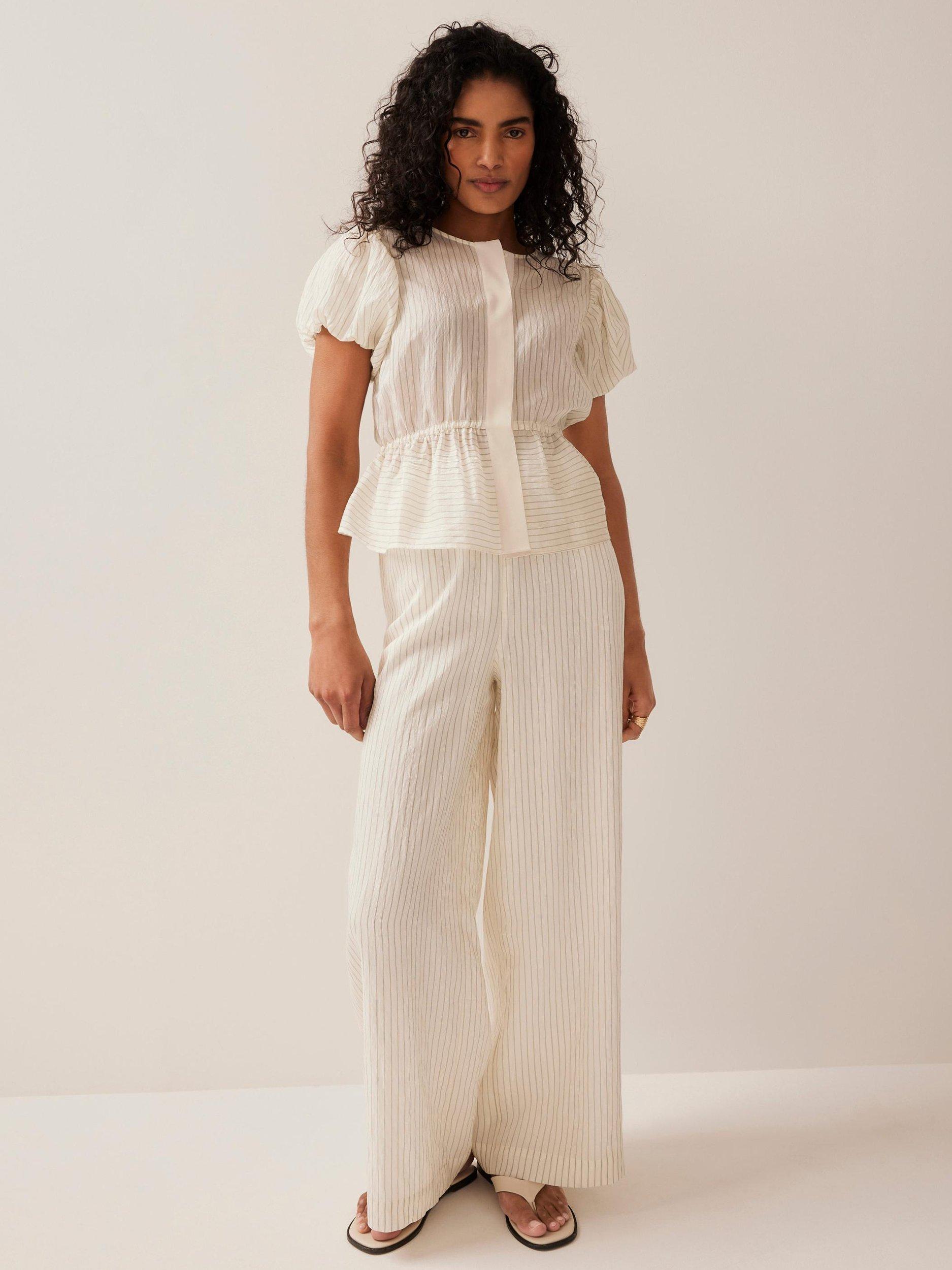 Product image 5 of 7, which shows Mint Velvet Stripe Wide Leg Trousers, Cream, XS Reg