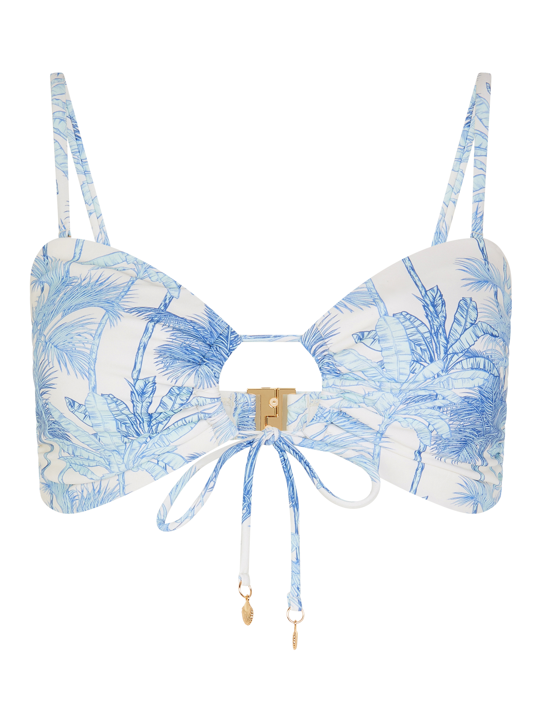 Product image 4 of 4, which shows Accessorize Palm Print Tie Front Bikini Top, White/Multi, 8