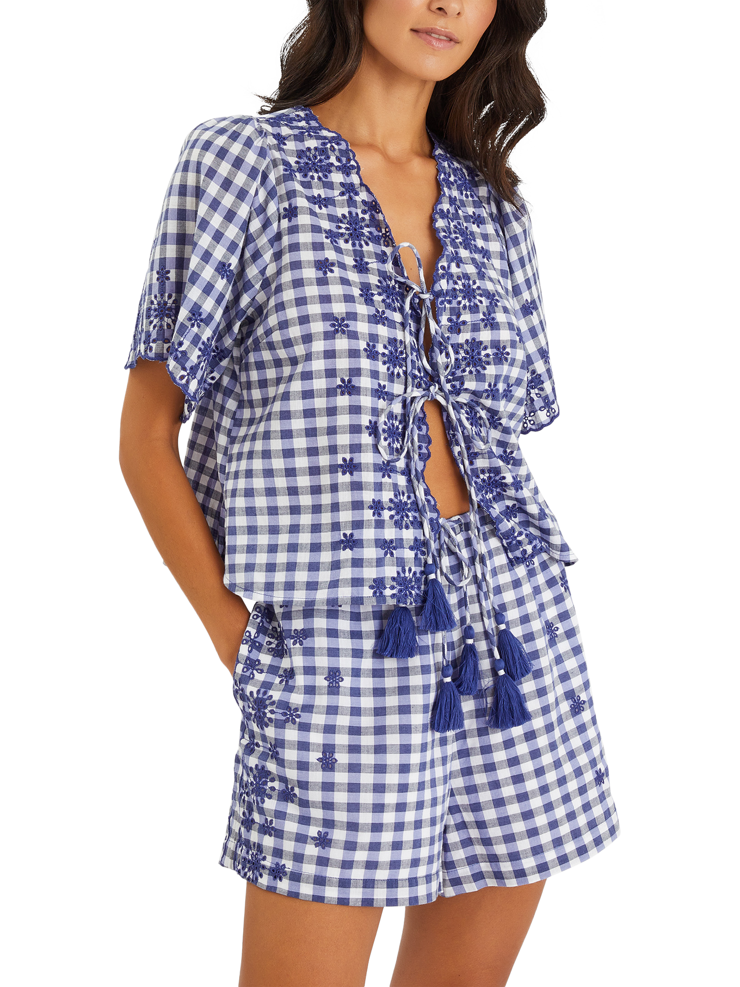 Product image 1 of 3, which shows Accessorize Cotton Gingham Embroidered Blouse, Blue/Multi, S