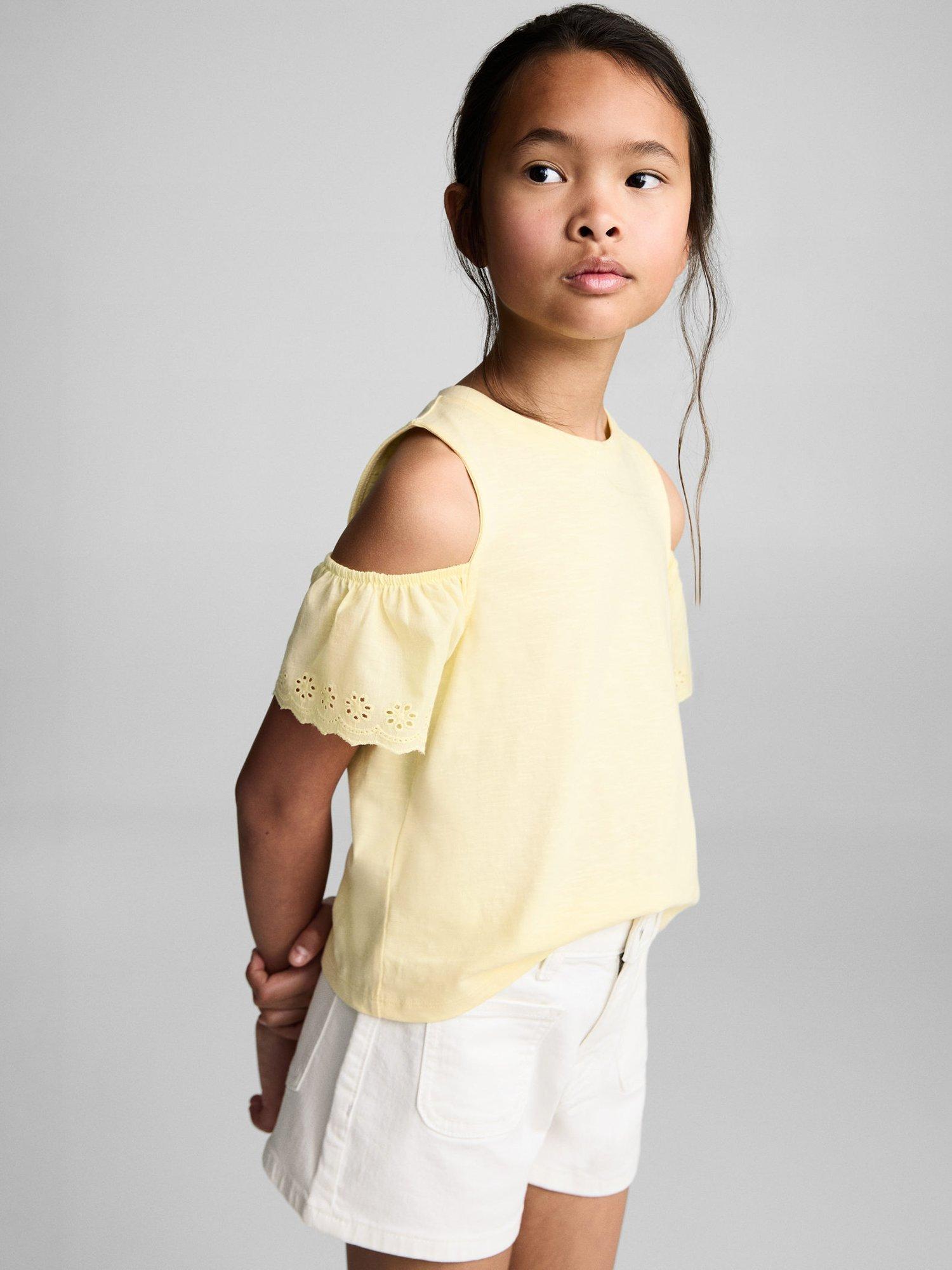 Product image 1 of 7, which shows Mango Kids' Should Embroidered Ruffle Sleeves Cotton T-Shirt, Yellow, 11-12 years