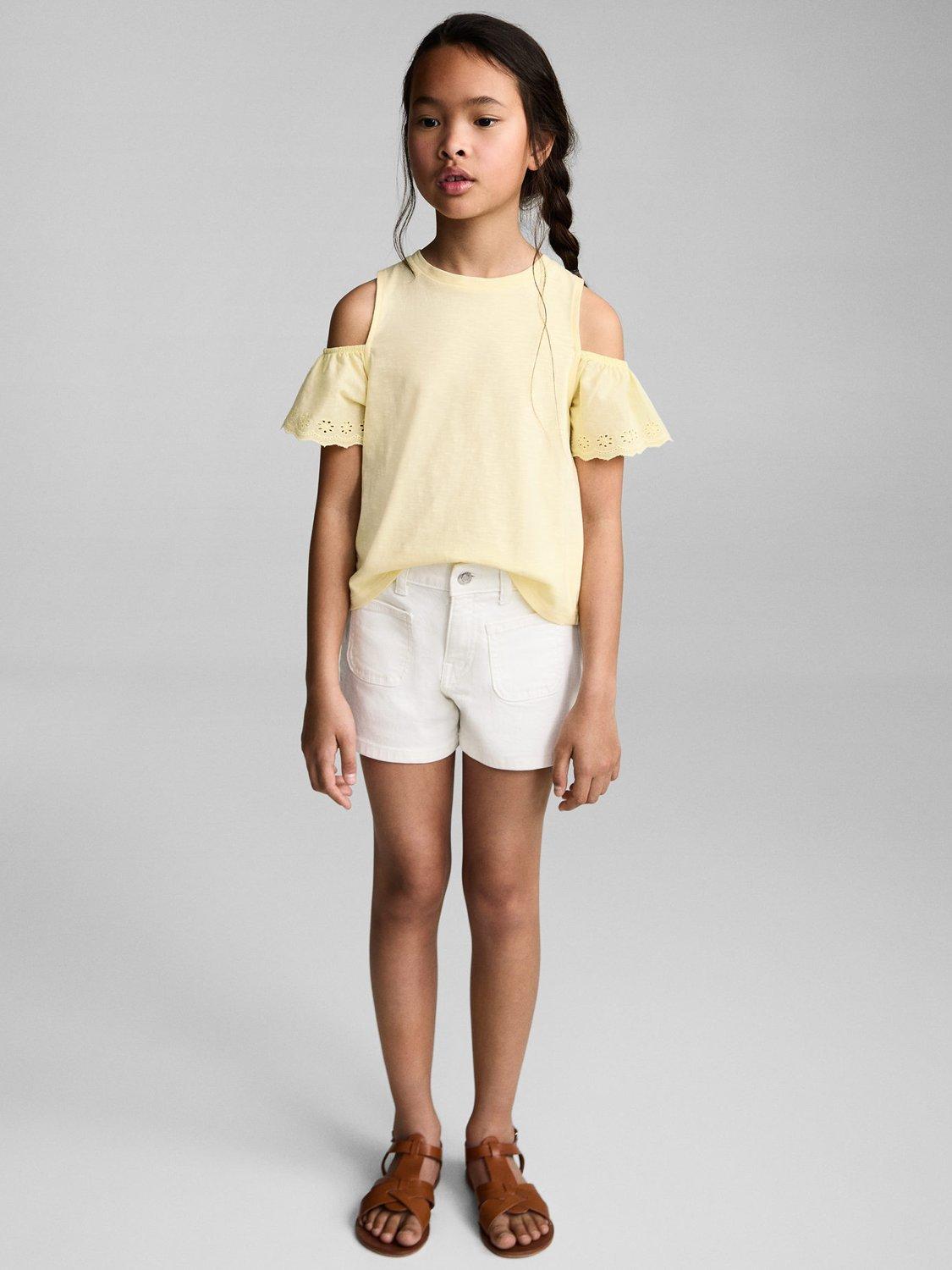 Product image 2 of 7, which shows Mango Kids' Should Embroidered Ruffle Sleeves Cotton T-Shirt, Yellow, 11-12 years
