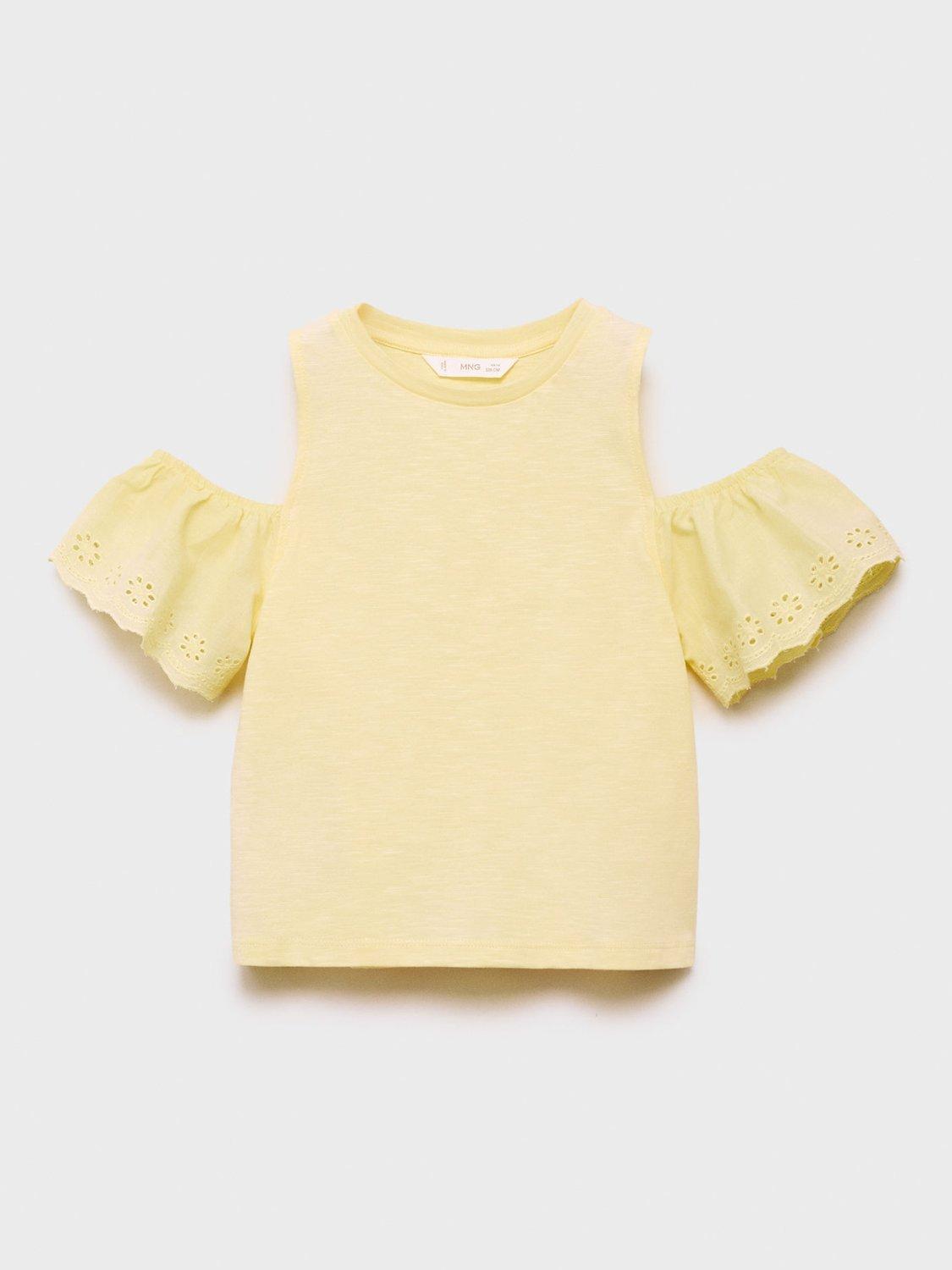 Product image 3 of 7, which shows Mango Kids' Should Embroidered Ruffle Sleeves Cotton T-Shirt, Yellow, 11-12 years