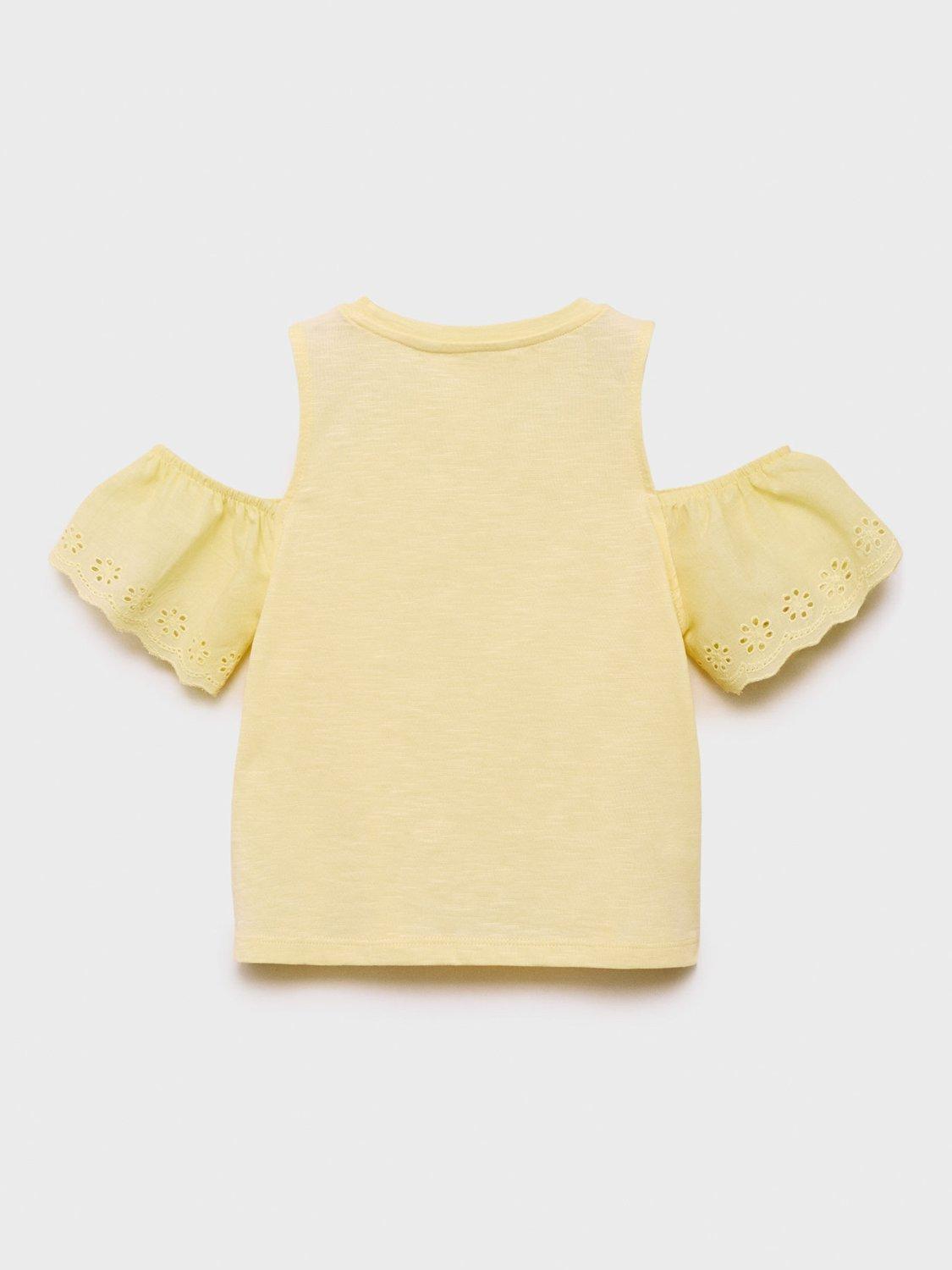 Product image 4 of 7, which shows Mango Kids' Should Embroidered Ruffle Sleeves Cotton T-Shirt, Yellow, 11-12 years