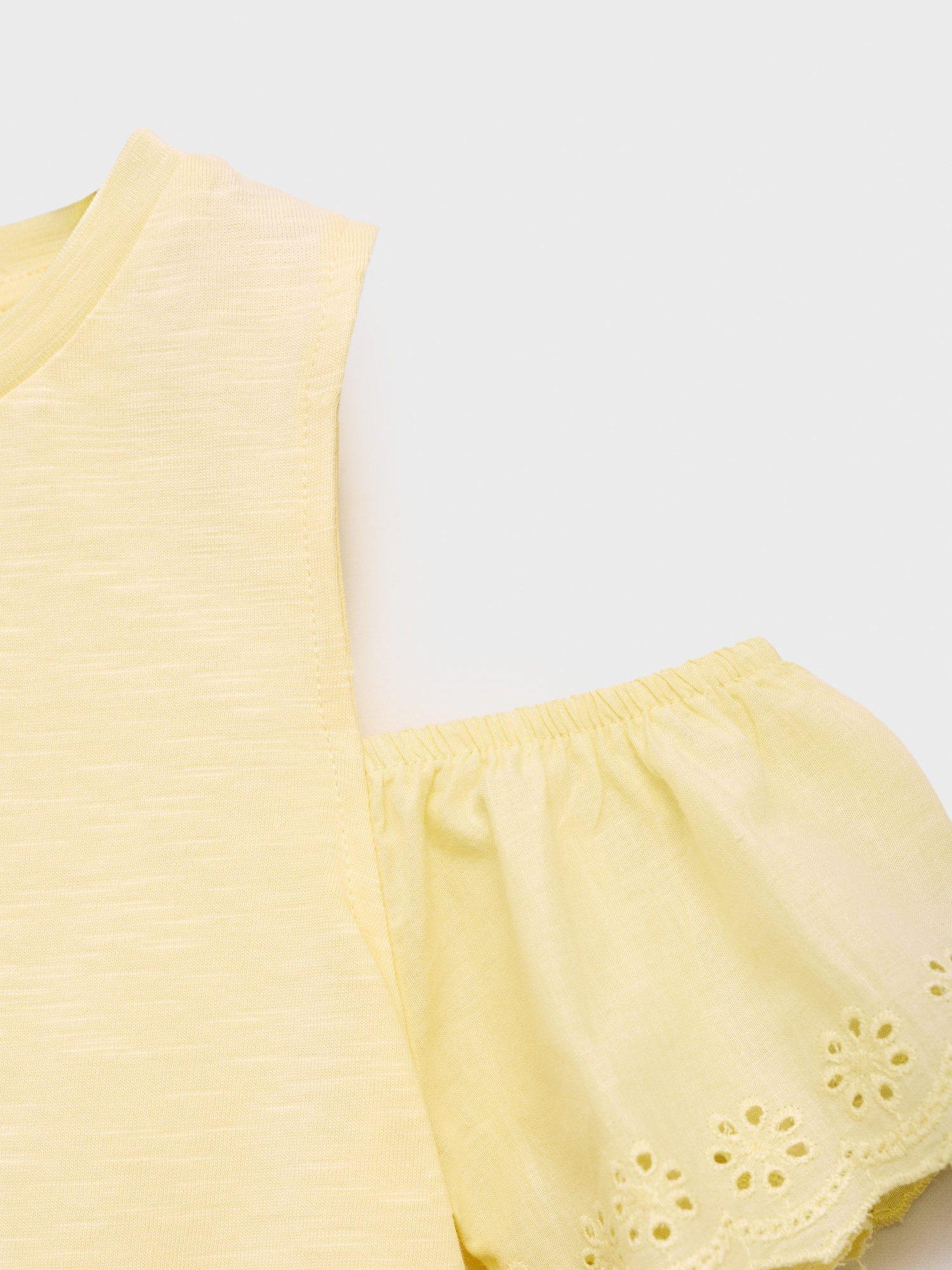 Product image 7 of 7, which shows Mango Kids' Should Embroidered Ruffle Sleeves Cotton T-Shirt, Yellow, 11-12 years