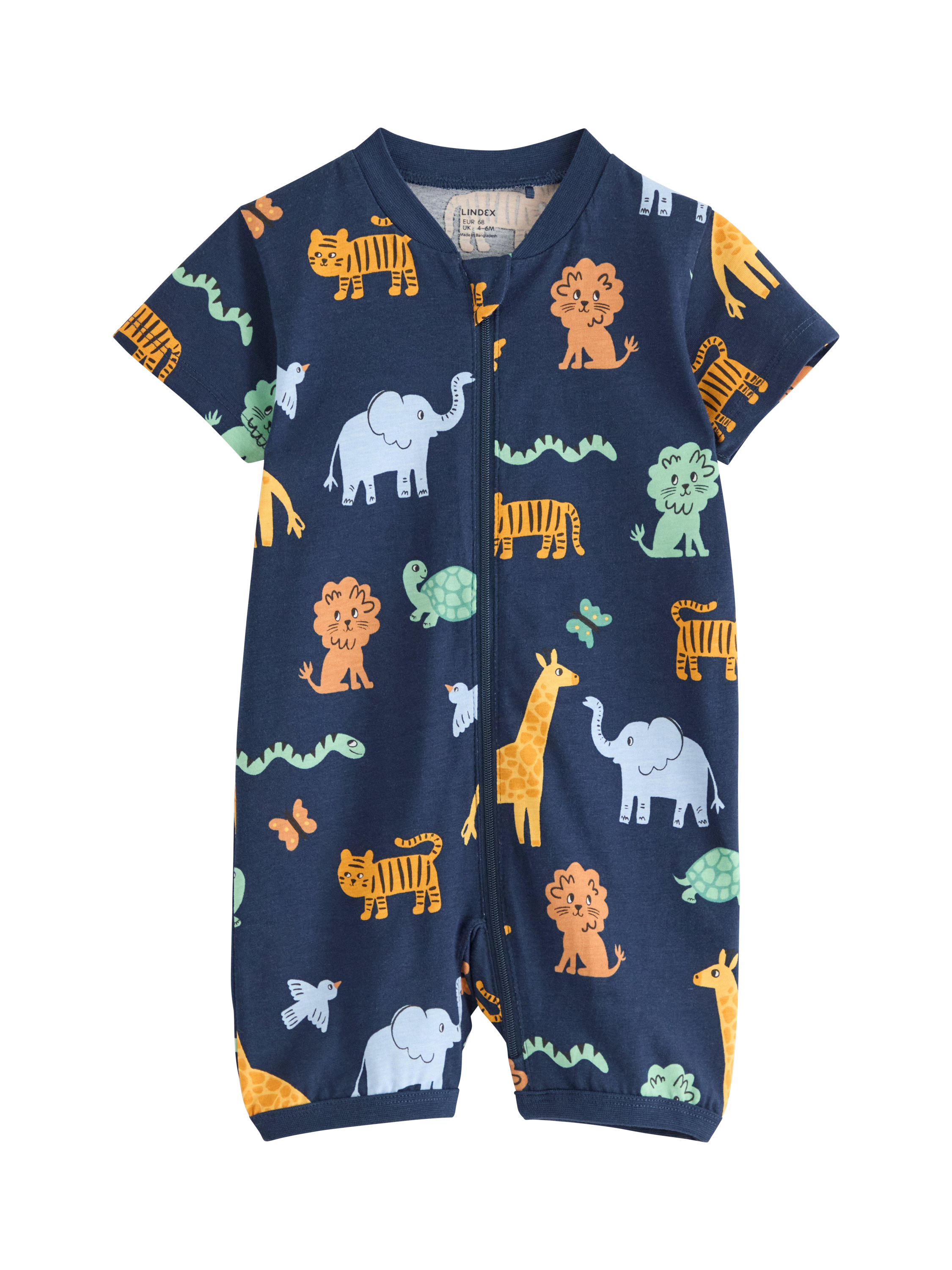 Product image 1 of 3, which shows Lindex Baby Cotton Animal Print Shortie Sleepsuit, Dark Blue, 4-6 months