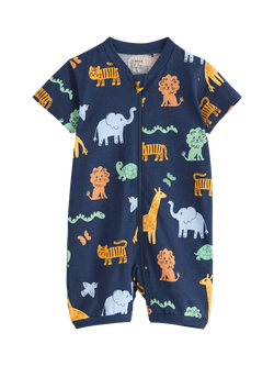 Lindex Baby Cotton Animal Print Shortie Sleepsuit, Dark Blue, Dark Blue
