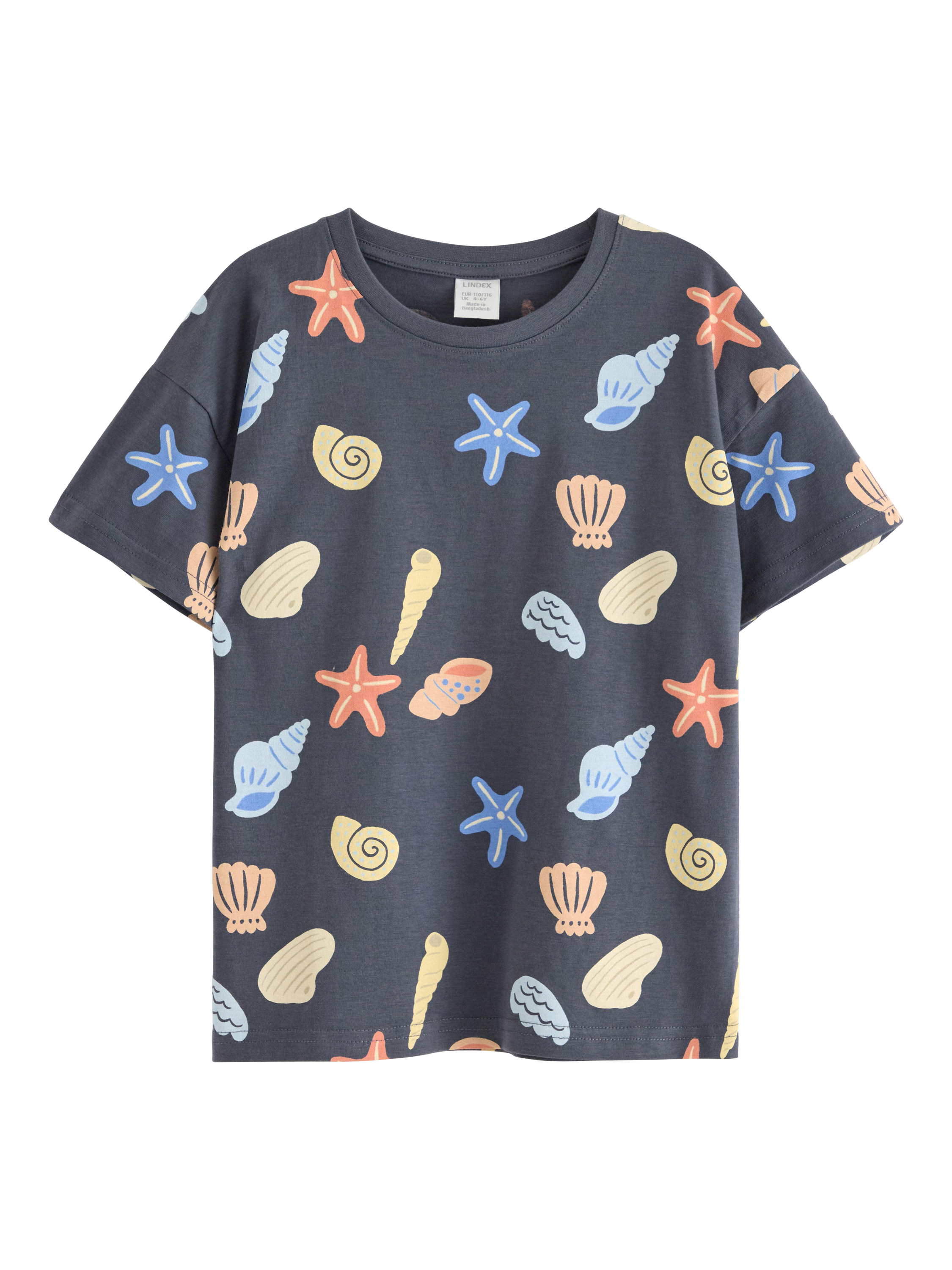 Product image 1 of 3, which shows Lindex Kids' Cotton Shell Print Crew Neck T-Shirt, Dark Grey, 4-6 years