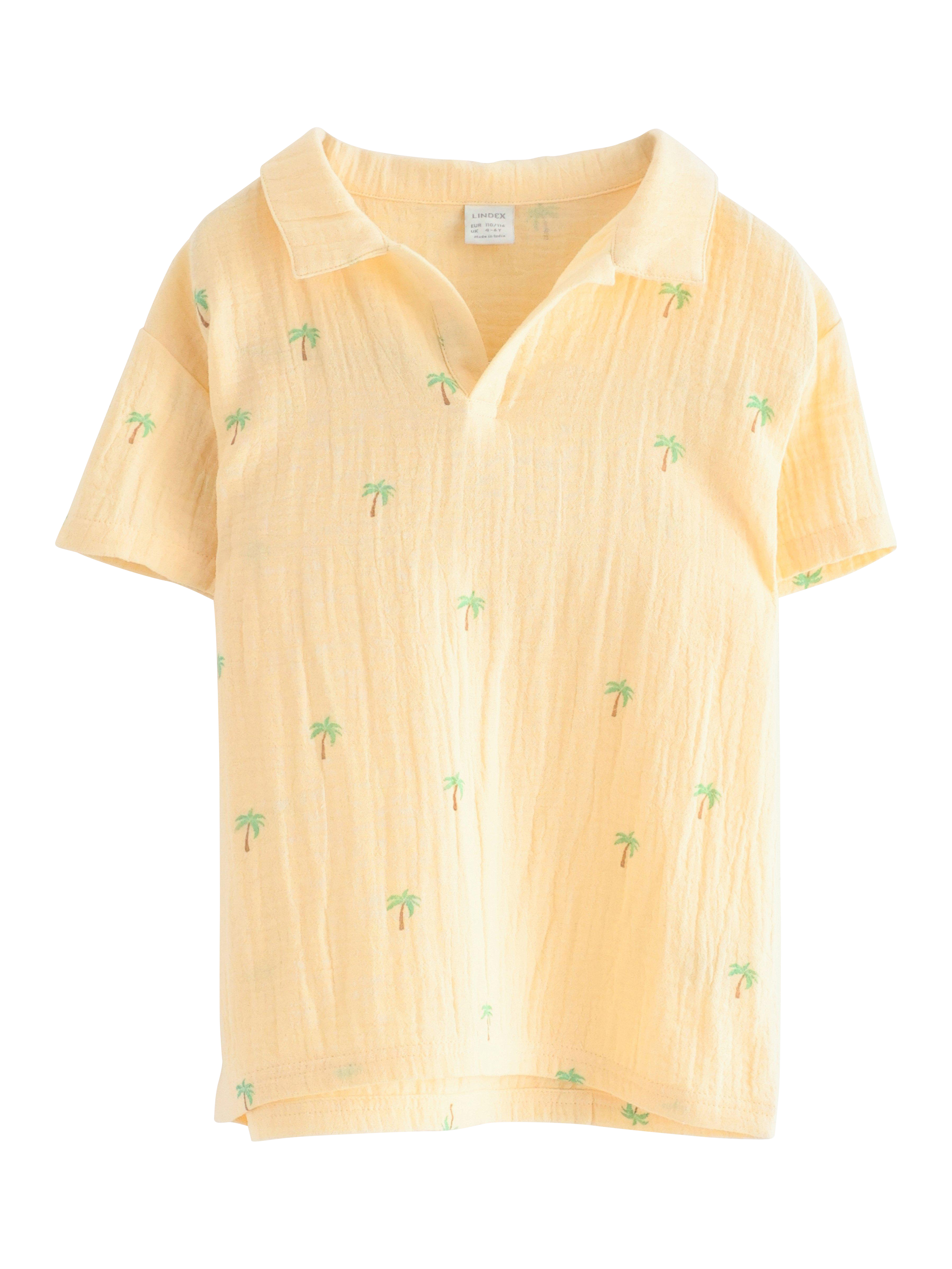 Product image 1 of 3, which shows Lindex Kids' Cotton Palm Tree Print Polo Shirt, Light Dusty Yellow, 18-24 months