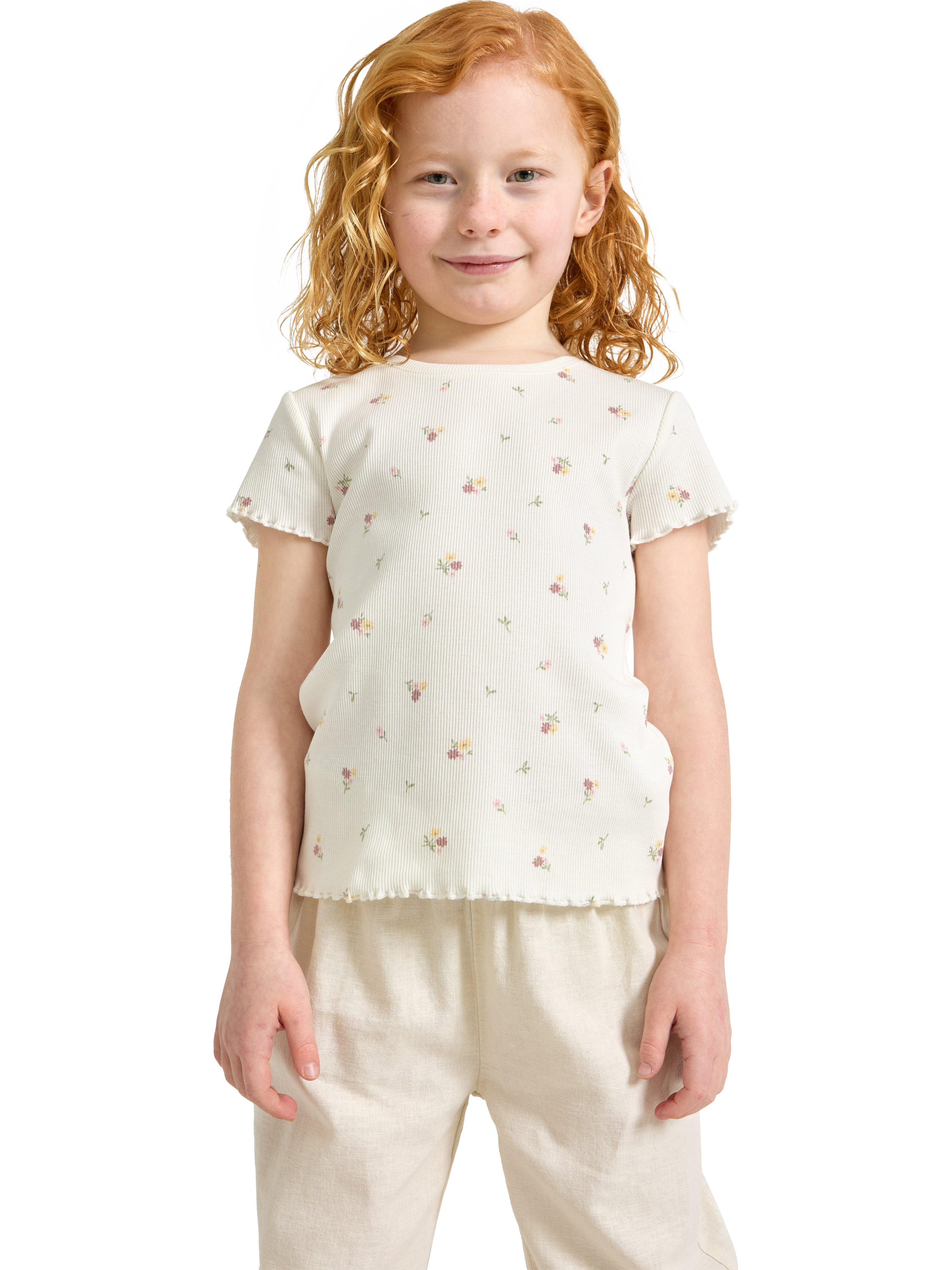 Product image 1 of 5, which shows Lindex Kids' Floral Ribbed T-Shirt, Light Dusty White, 3-4 years