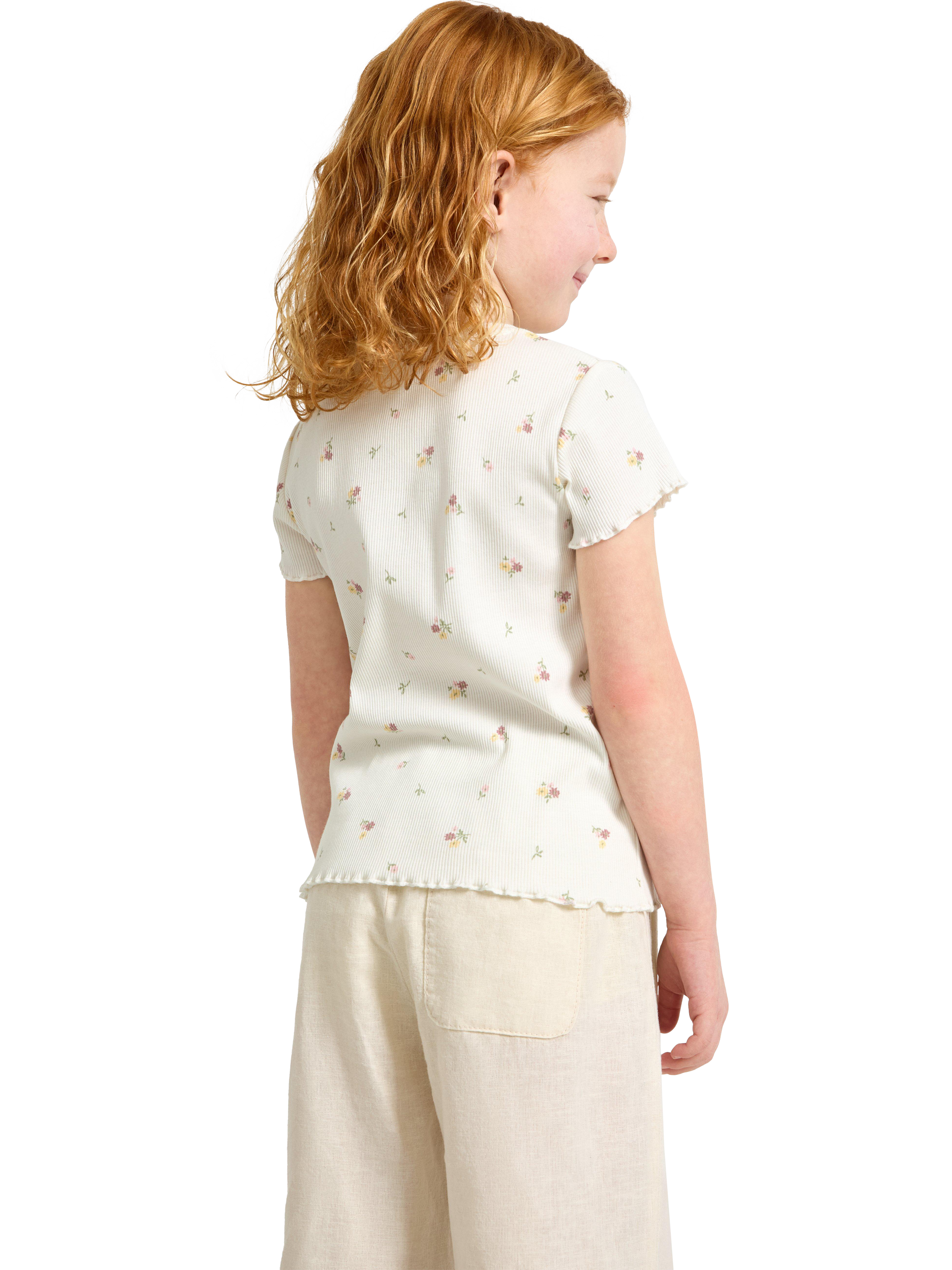 Product image 2 of 5, which shows Lindex Kids' Floral Ribbed T-Shirt, Light Dusty White, 3-4 years