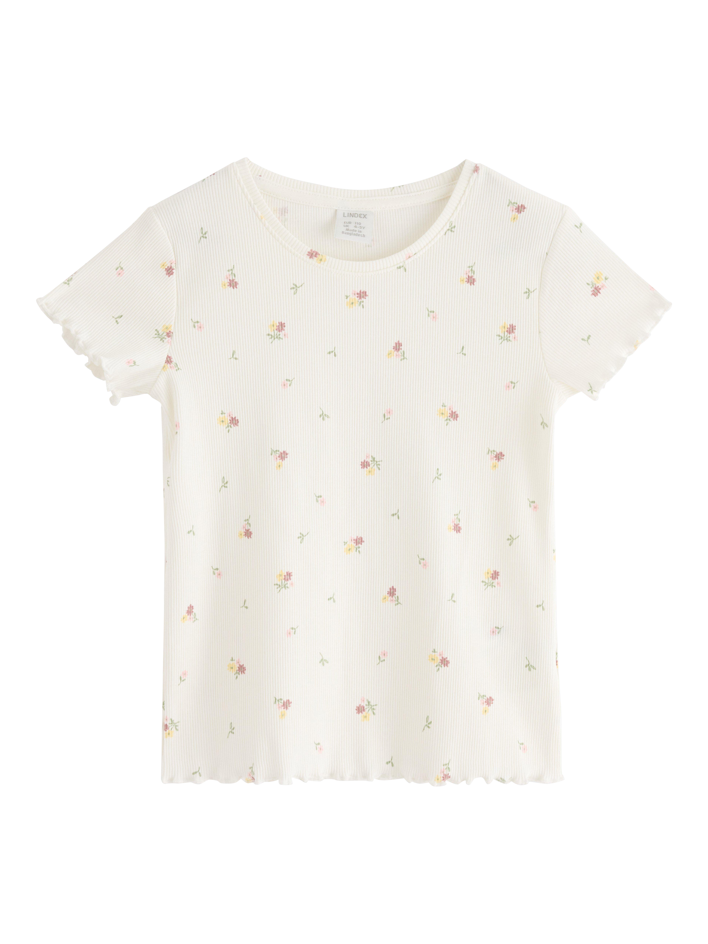 Product image 3 of 5, which shows Lindex Kids' Floral Ribbed T-Shirt, Light Dusty White, 3-4 years