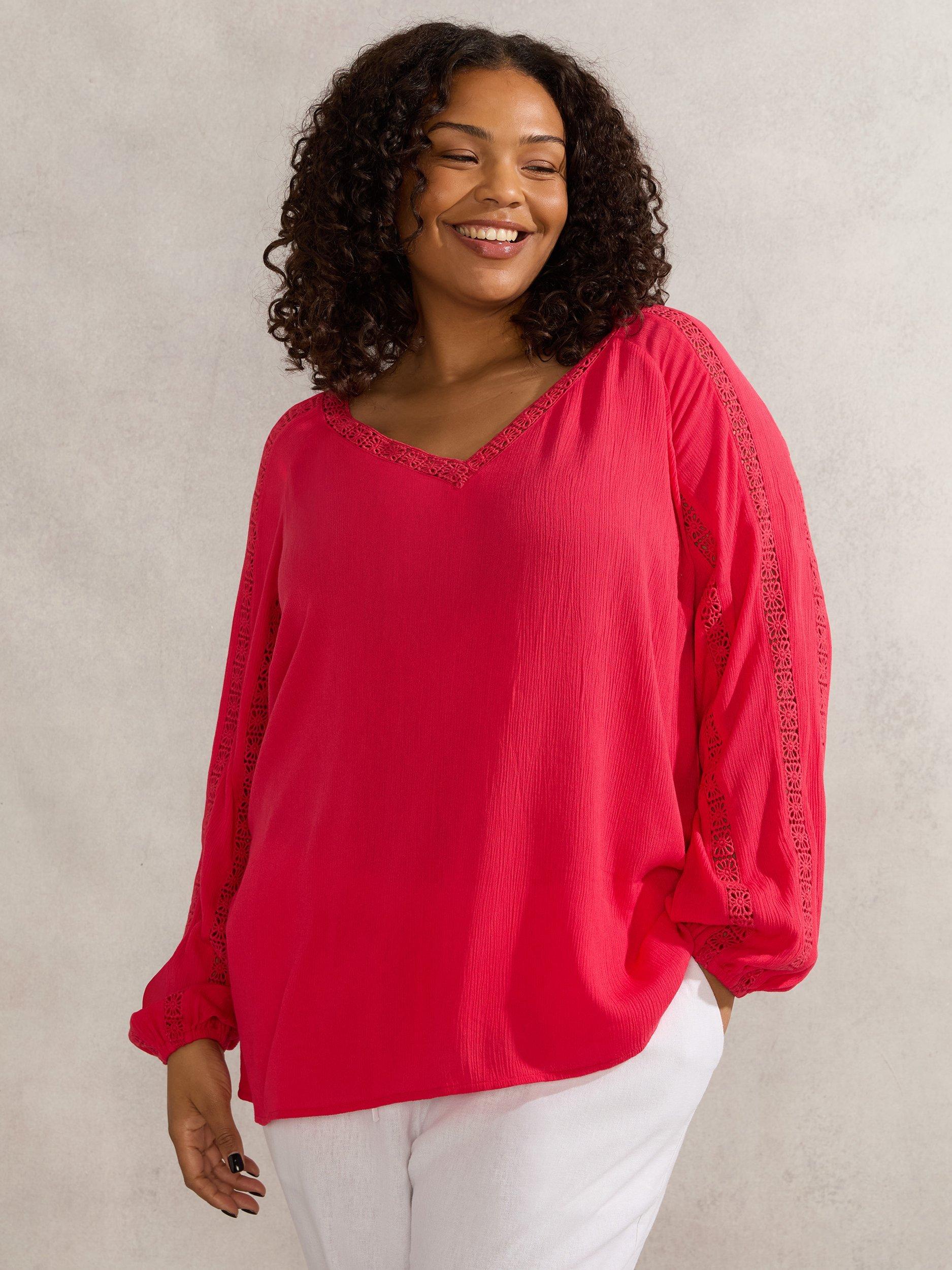 Product image 1 of 4, which shows Live Unlimited Curve Crinkle Crochet Blouse, Pink, 12