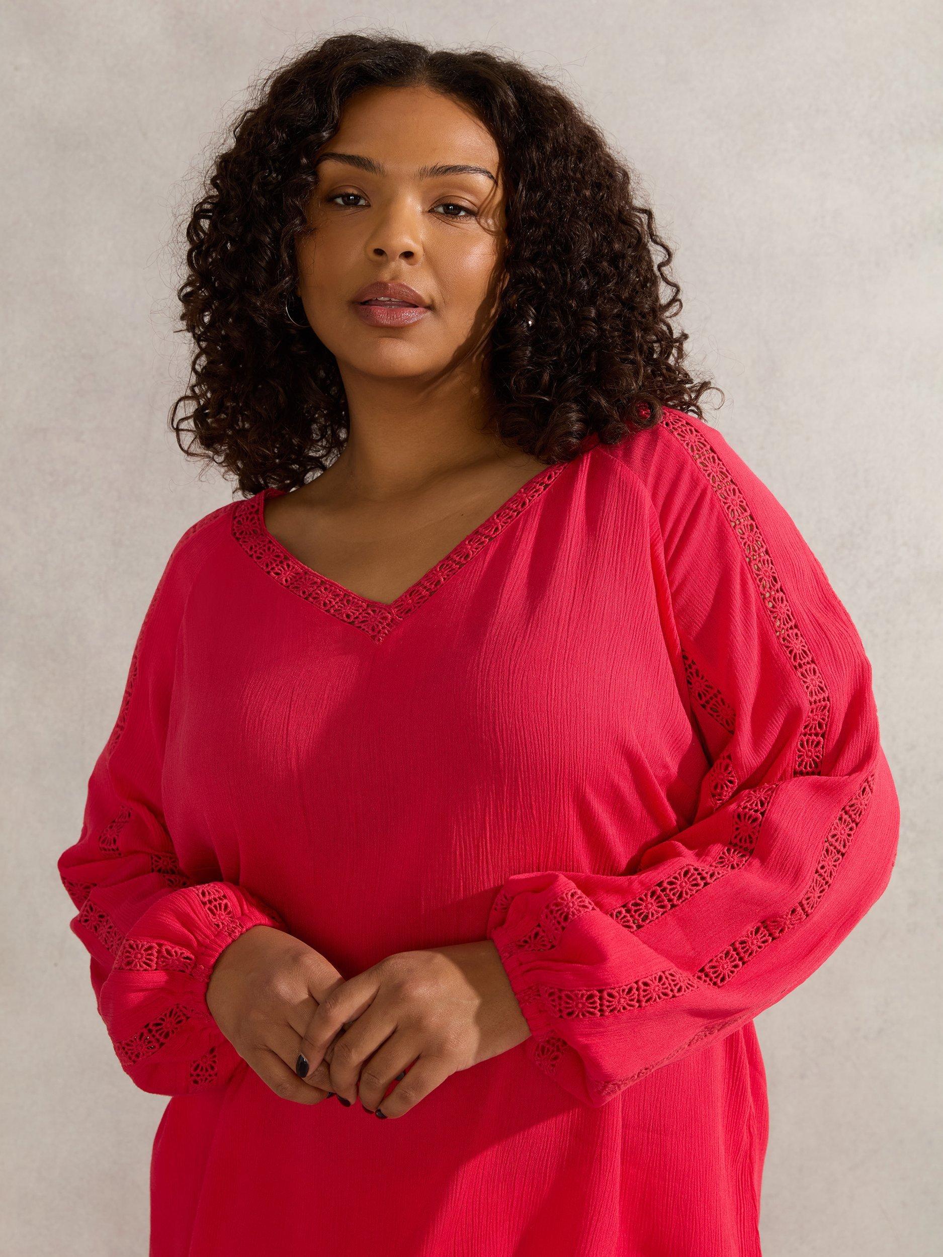 Product image 2 of 4, which shows Live Unlimited Curve Crinkle Crochet Blouse, Pink, 12