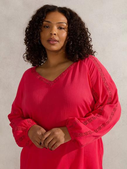 Live Unlimited Curve Crinkle Crochet Blouse, Pink - view 2, Pink