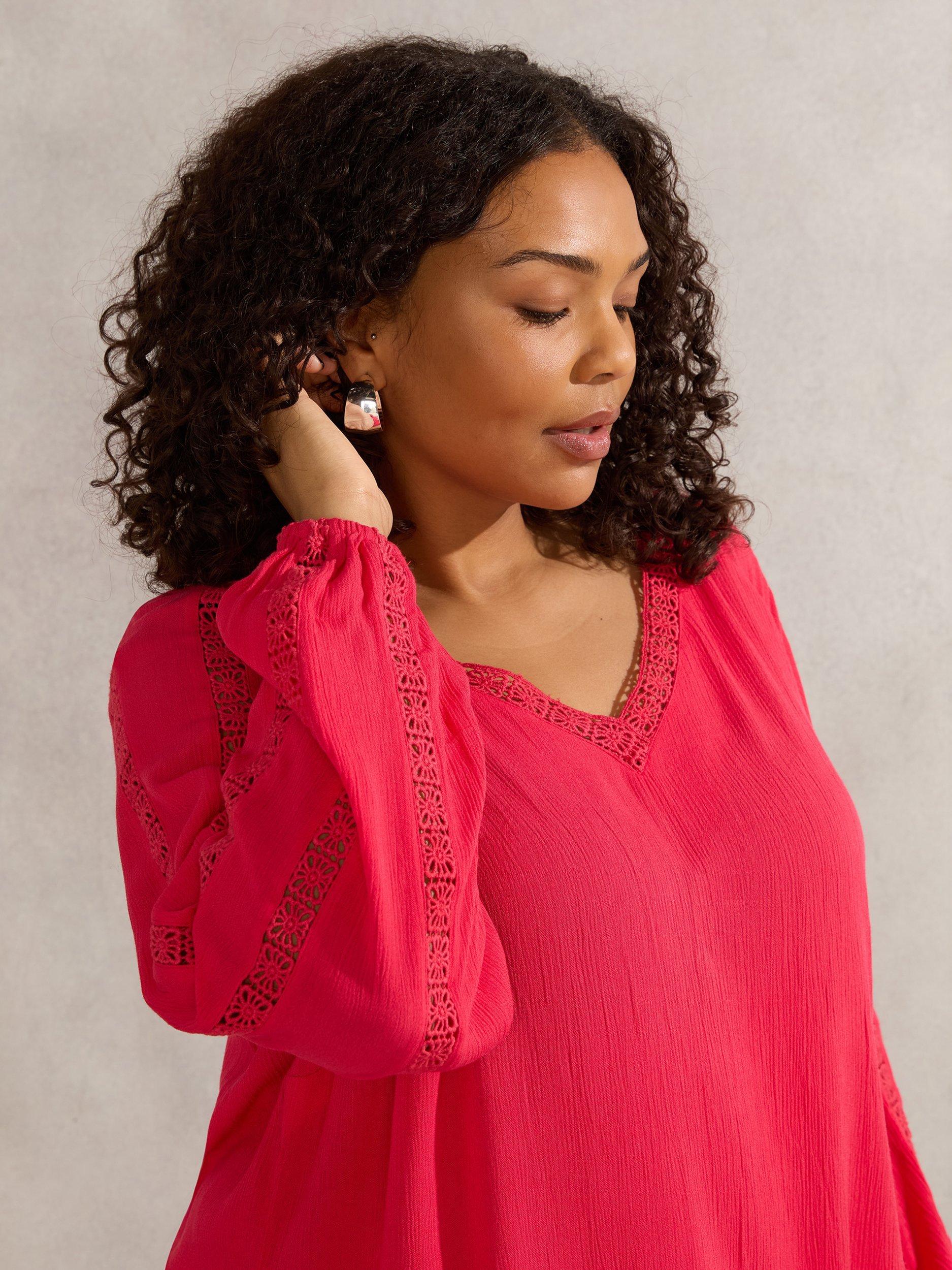Product image 3 of 4, which shows Live Unlimited Curve Crinkle Crochet Blouse, Pink, 12