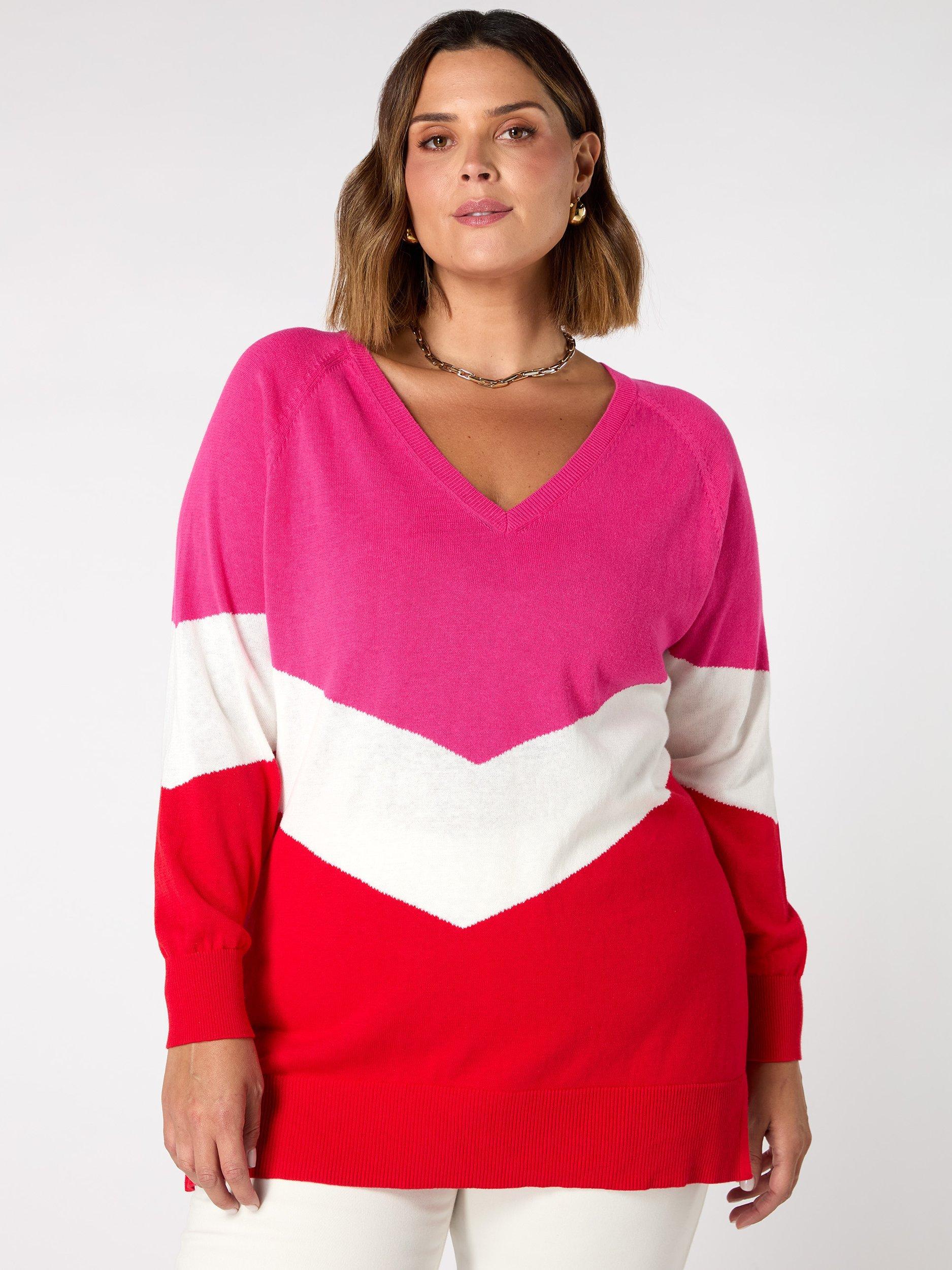 Product image 2 of 5, which shows Live Unlimited Curve Colour Block Knitted V-Neck Jumper, Multi, 12