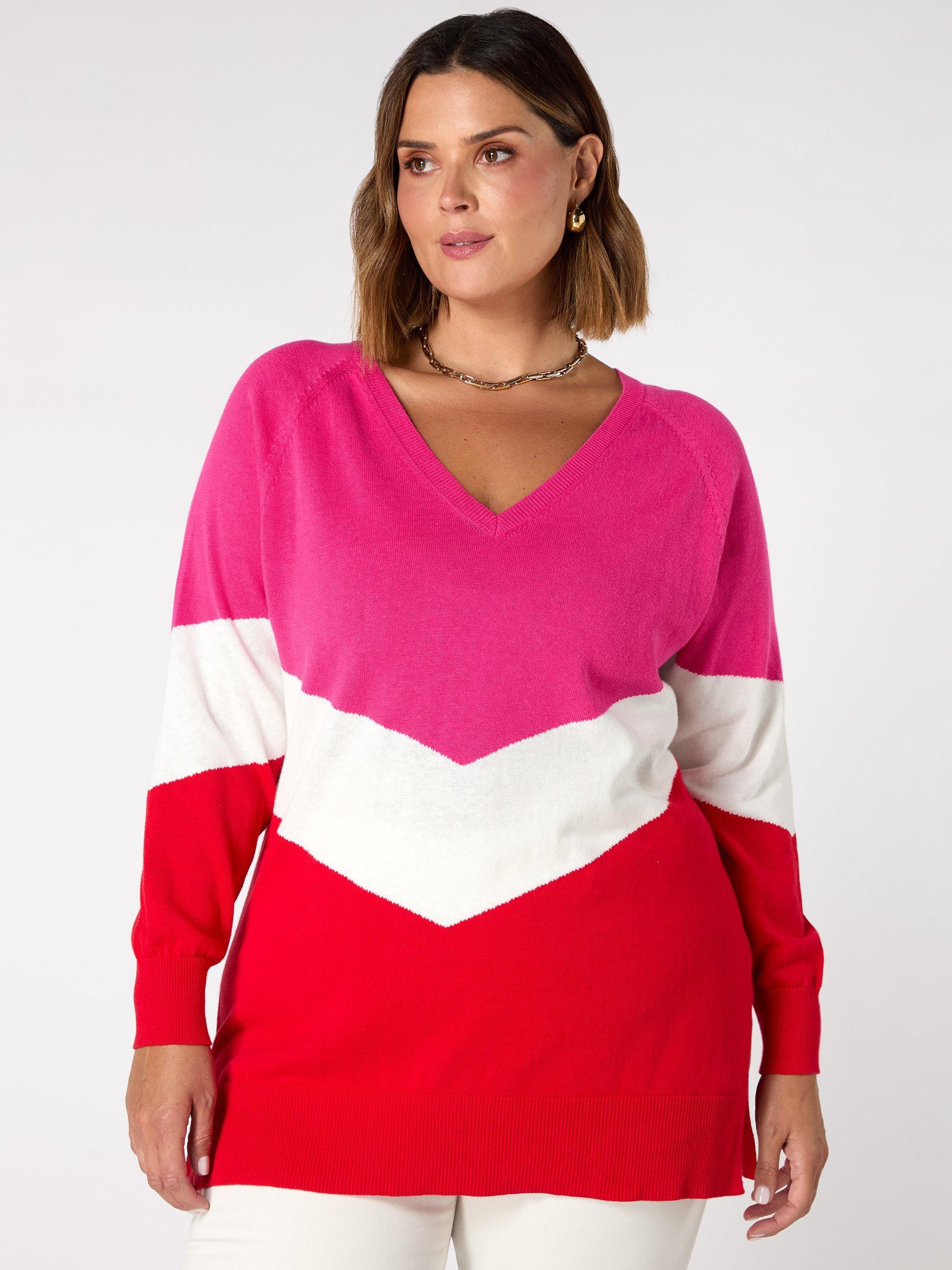 Product image 3 of 5, which shows Live Unlimited Curve Colour Block Knitted V-Neck Jumper, Multi, 12