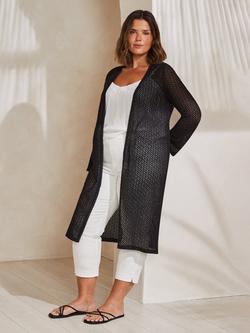 Live Unlimited Curve Crochet Knit Longline Cardigan, Black, Black