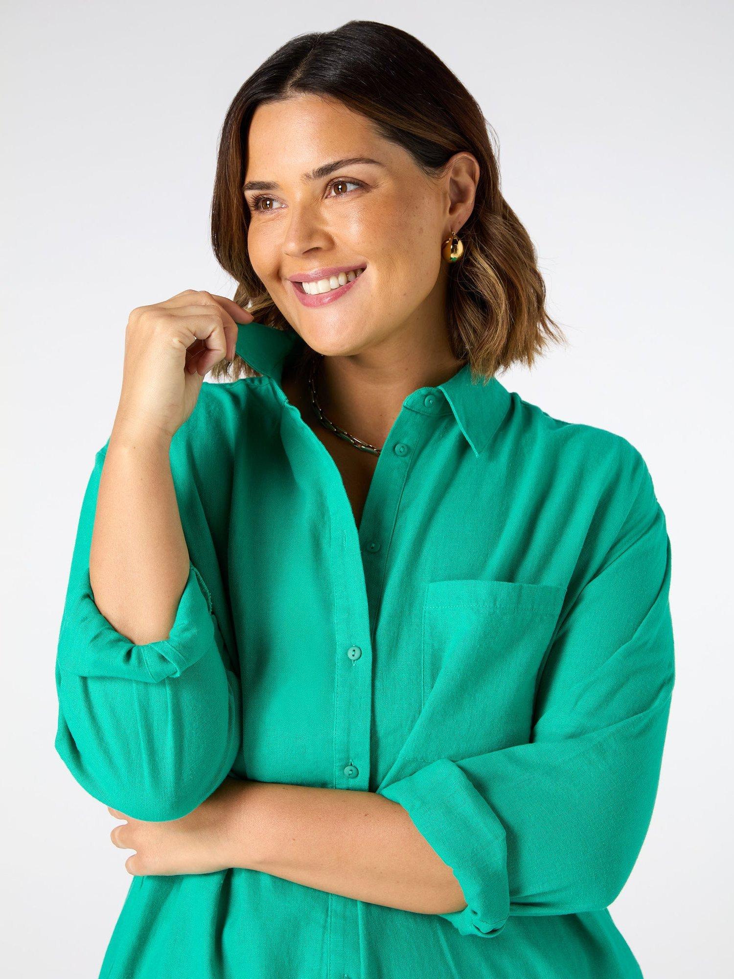 Product image 3 of 4, which shows Live Unlimited Curve Linen Blend Shirt Dress, Green, 22