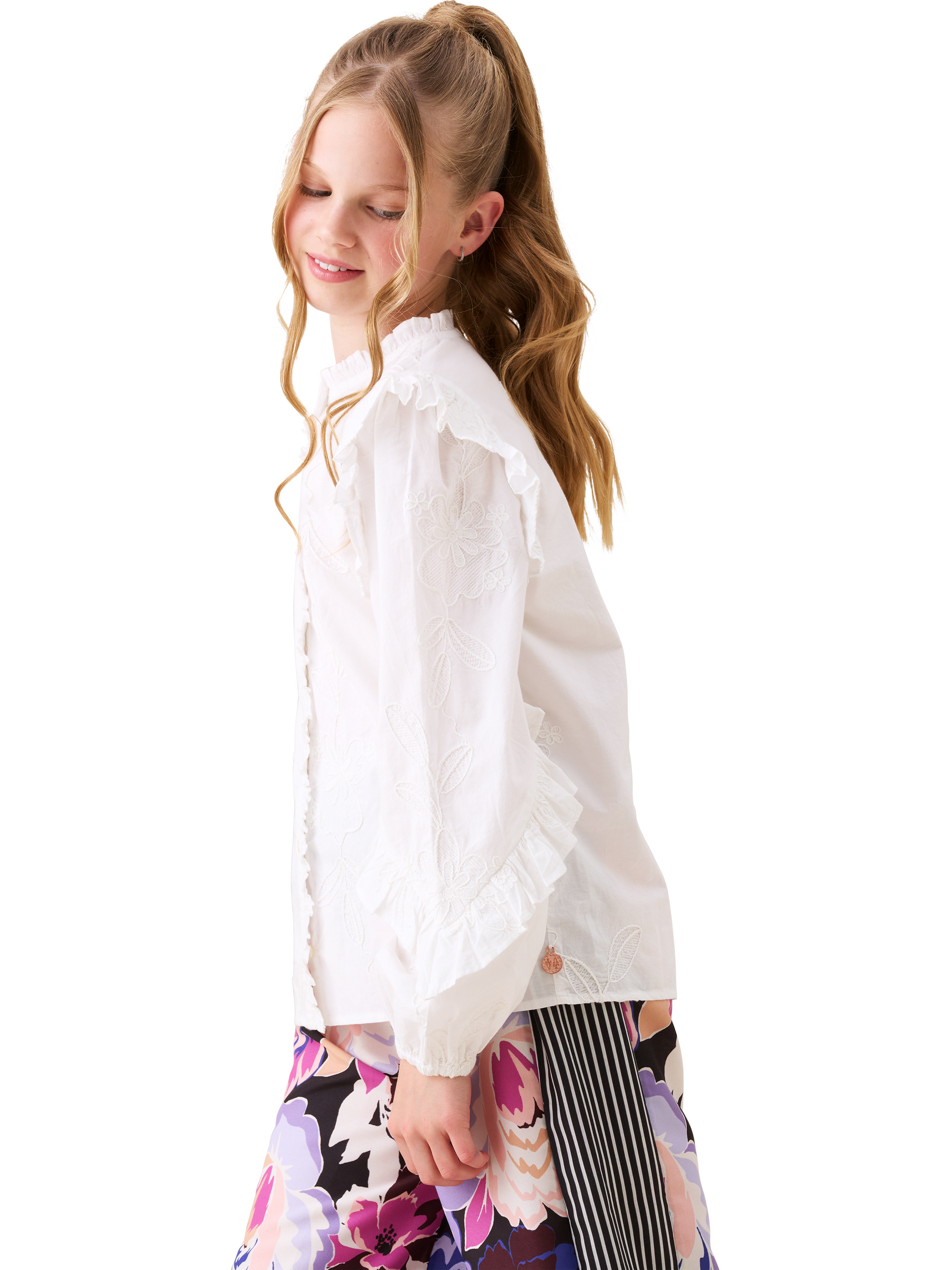 Product image 2 of 9, which shows Angel & Rocket Kids' Cotton Embroidered Frill Sleeve Shirt, White, 3 years