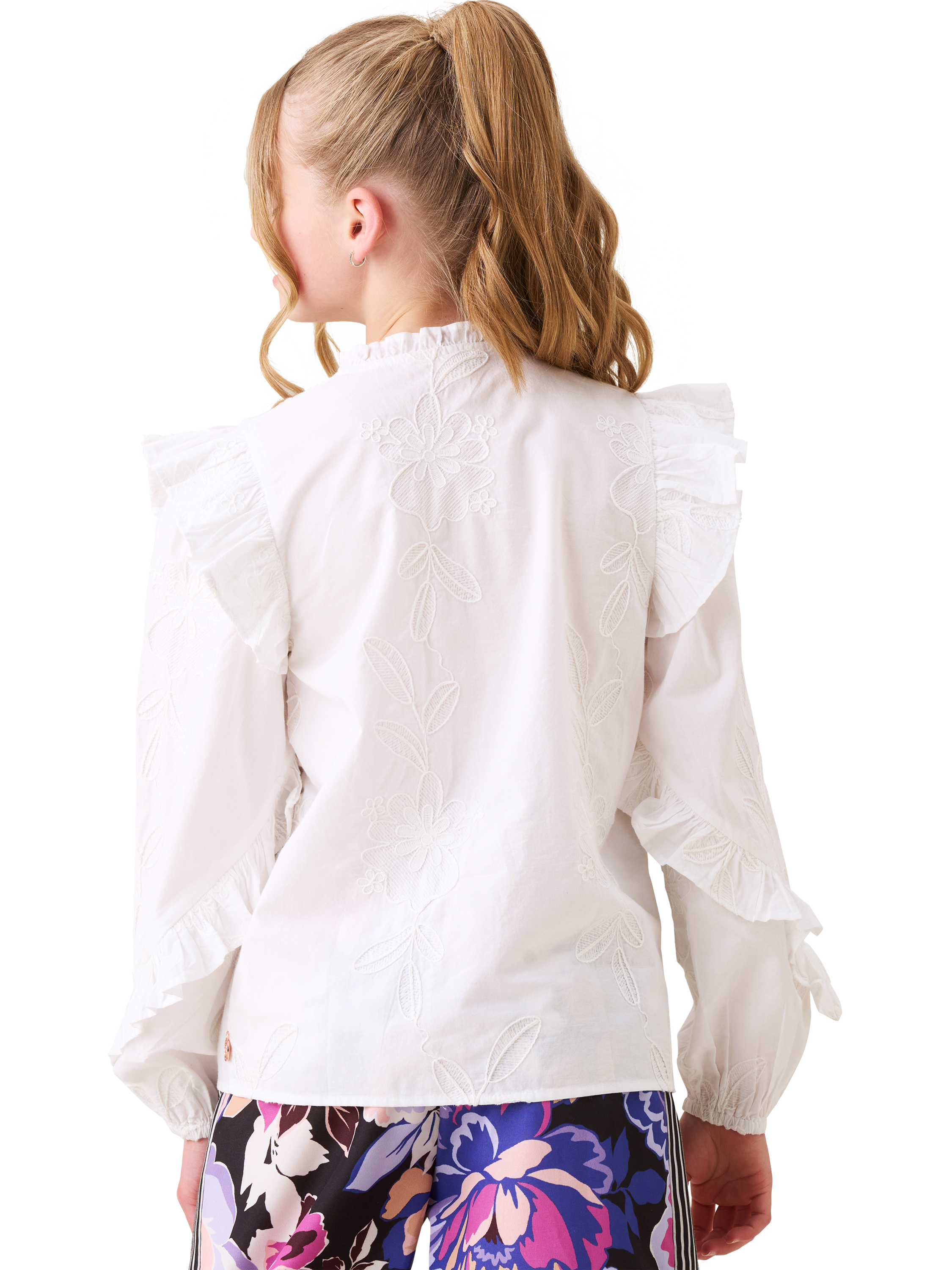 Product image 4 of 9, which shows Angel & Rocket Kids' Cotton Embroidered Frill Sleeve Shirt, White, 3 years