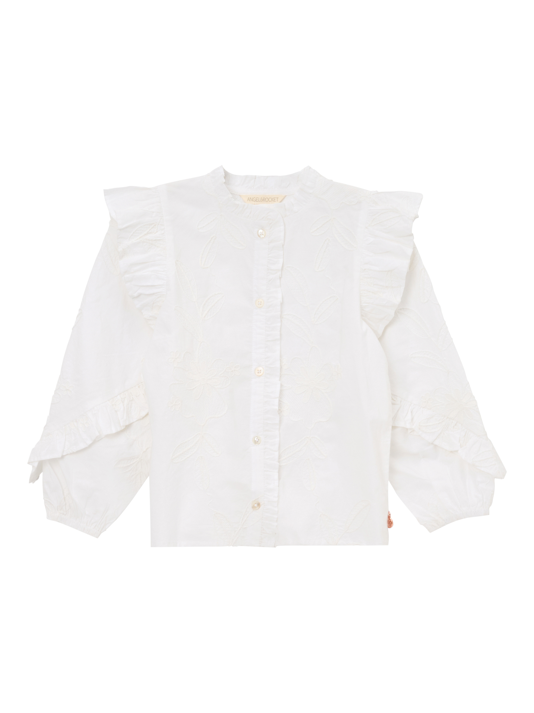 Product image 7 of 9, which shows Angel & Rocket Kids' Cotton Embroidered Frill Sleeve Shirt, White, 3 years