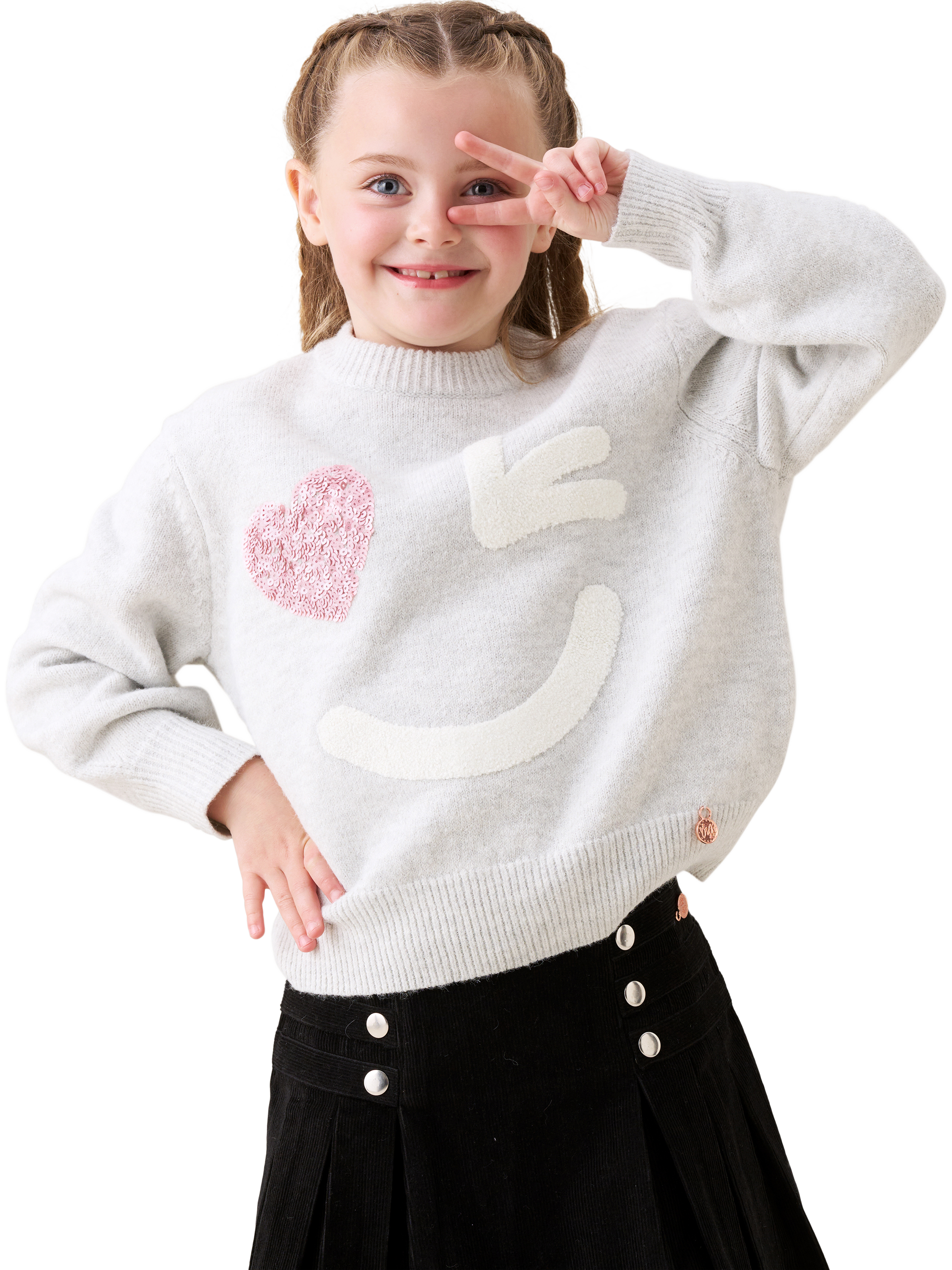 Product image 1 of 6, which shows Angel & Rocket Kids' Wink Face Sequin Heart Jumper, Grey Marl, 3-4 years