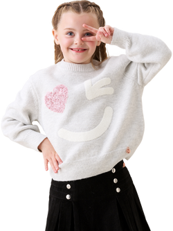 Angel & Rocket Kids' Wink Face Sequin Heart Jumper, Grey Marl, Grey Marl