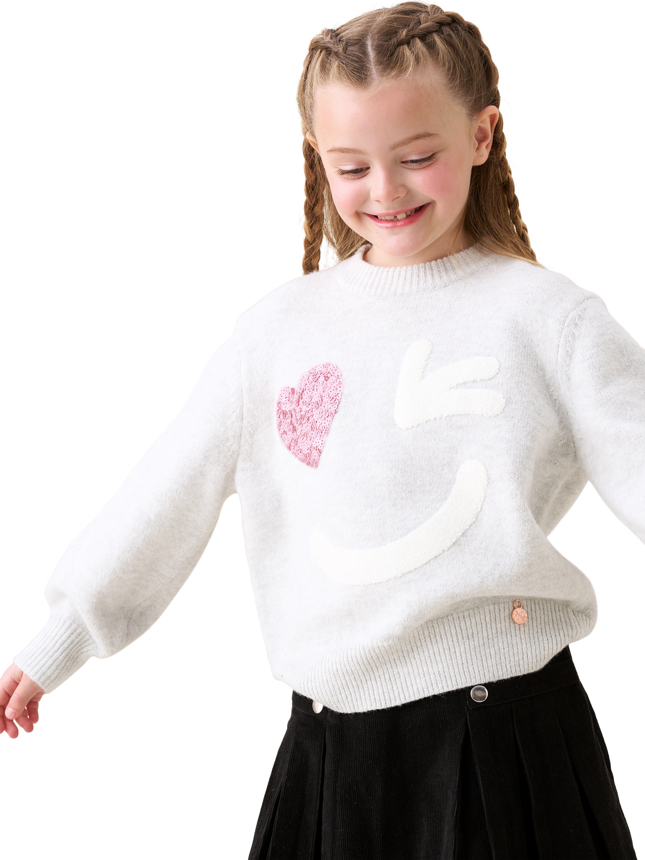 Product image 2 of 6, which shows Angel & Rocket Kids' Wink Face Sequin Heart Jumper, Grey Marl, 3-4 years