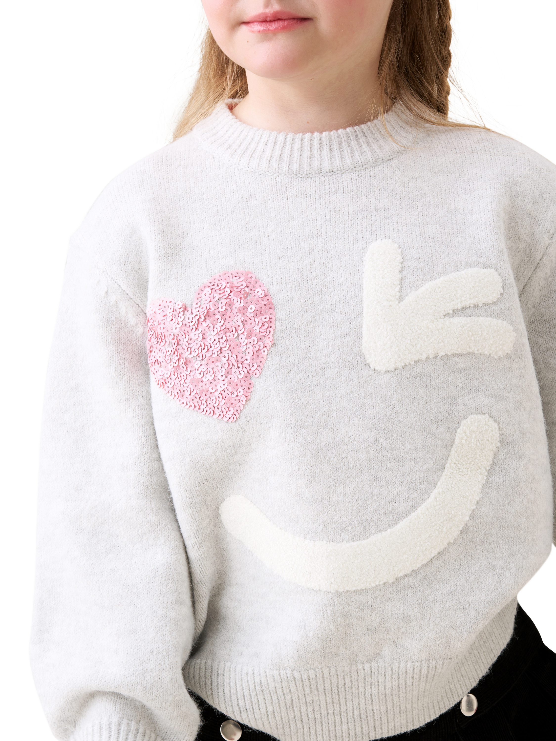 Product image 3 of 6, which shows Angel & Rocket Kids' Wink Face Sequin Heart Jumper, Grey Marl, 3-4 years