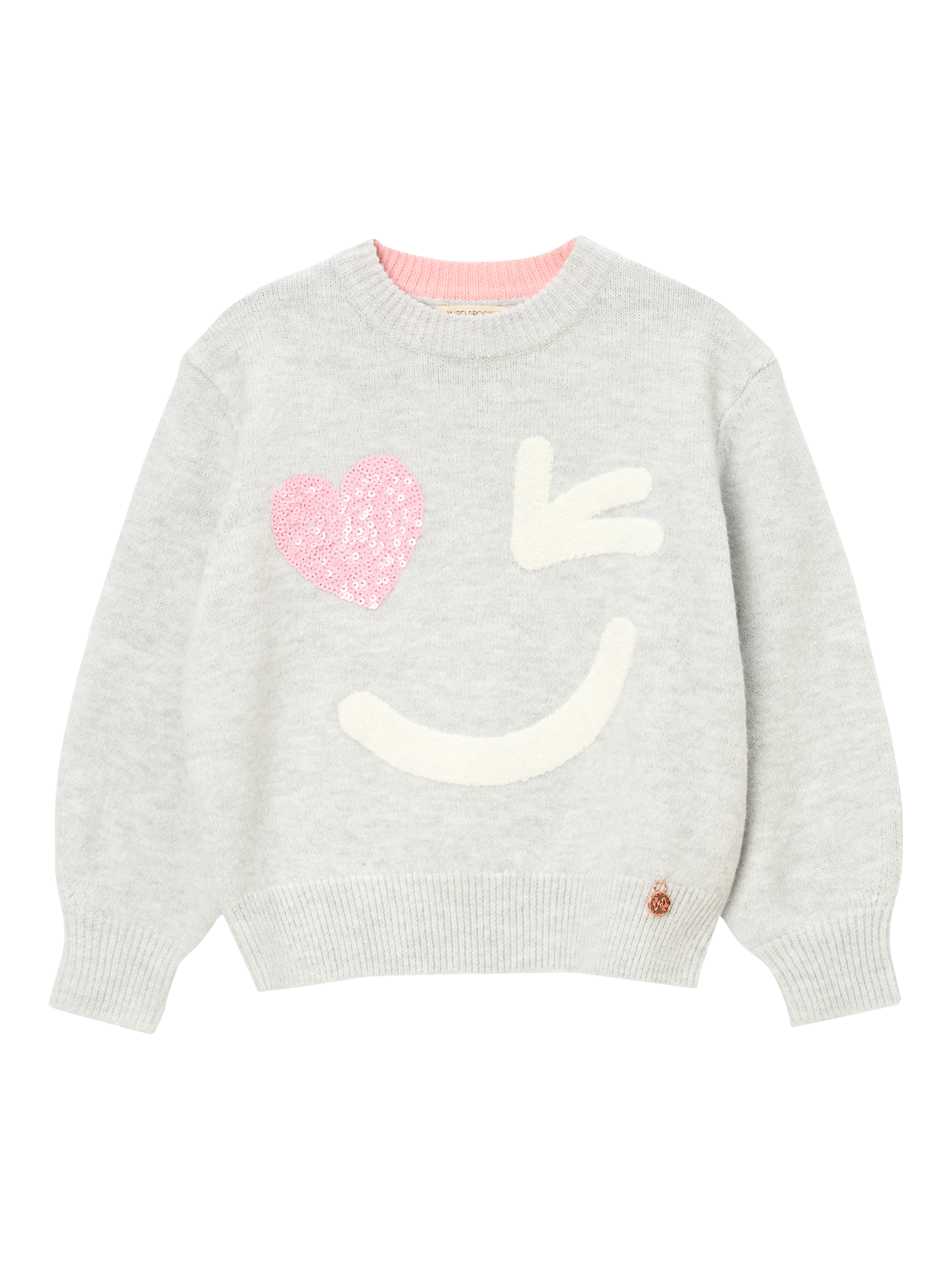 Product image 4 of 6, which shows Angel & Rocket Kids' Wink Face Sequin Heart Jumper, Grey Marl, 3-4 years