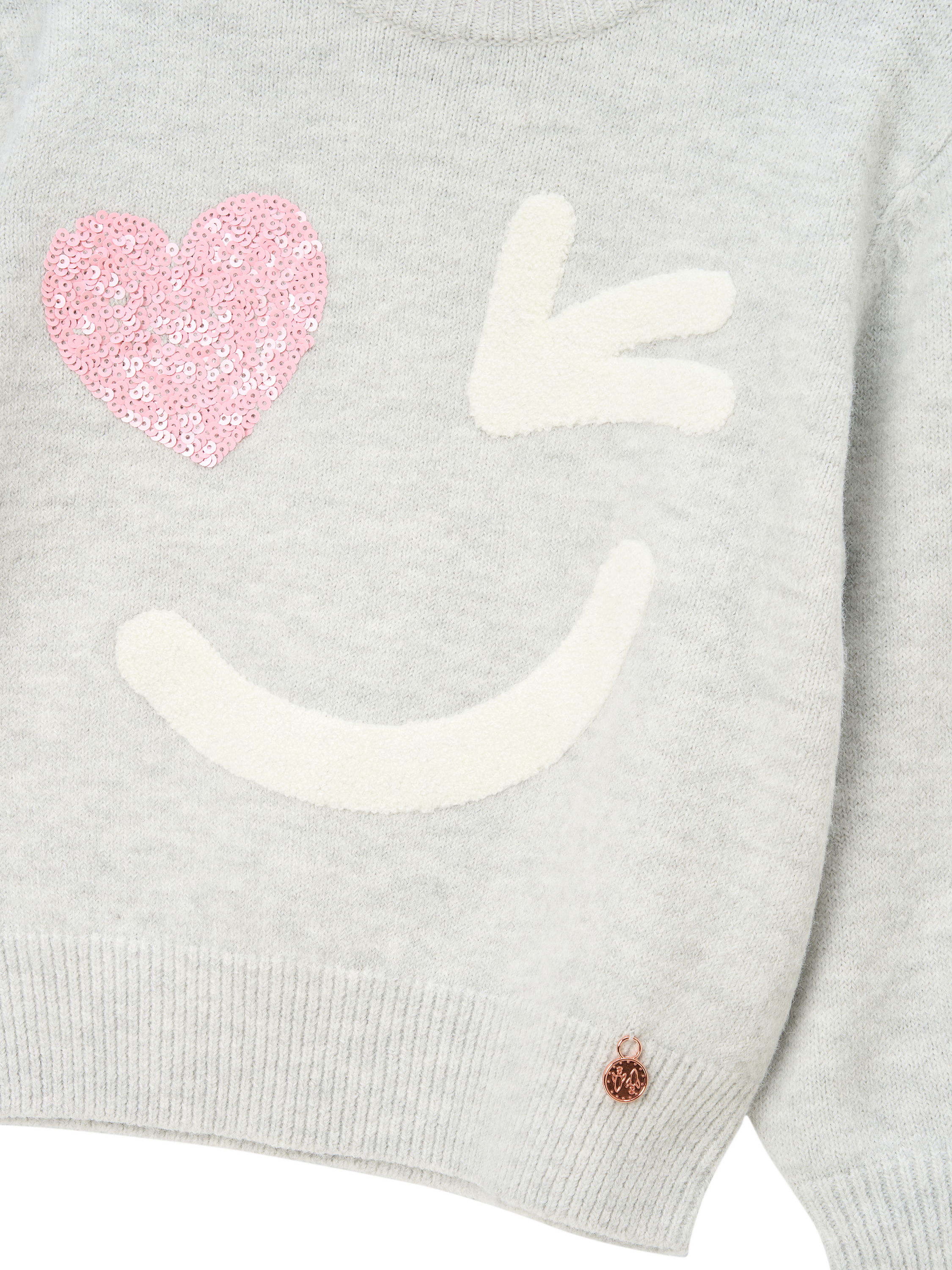 Product image 6 of 6, which shows Angel & Rocket Kids' Wink Face Sequin Heart Jumper, Grey Marl, 3-4 years