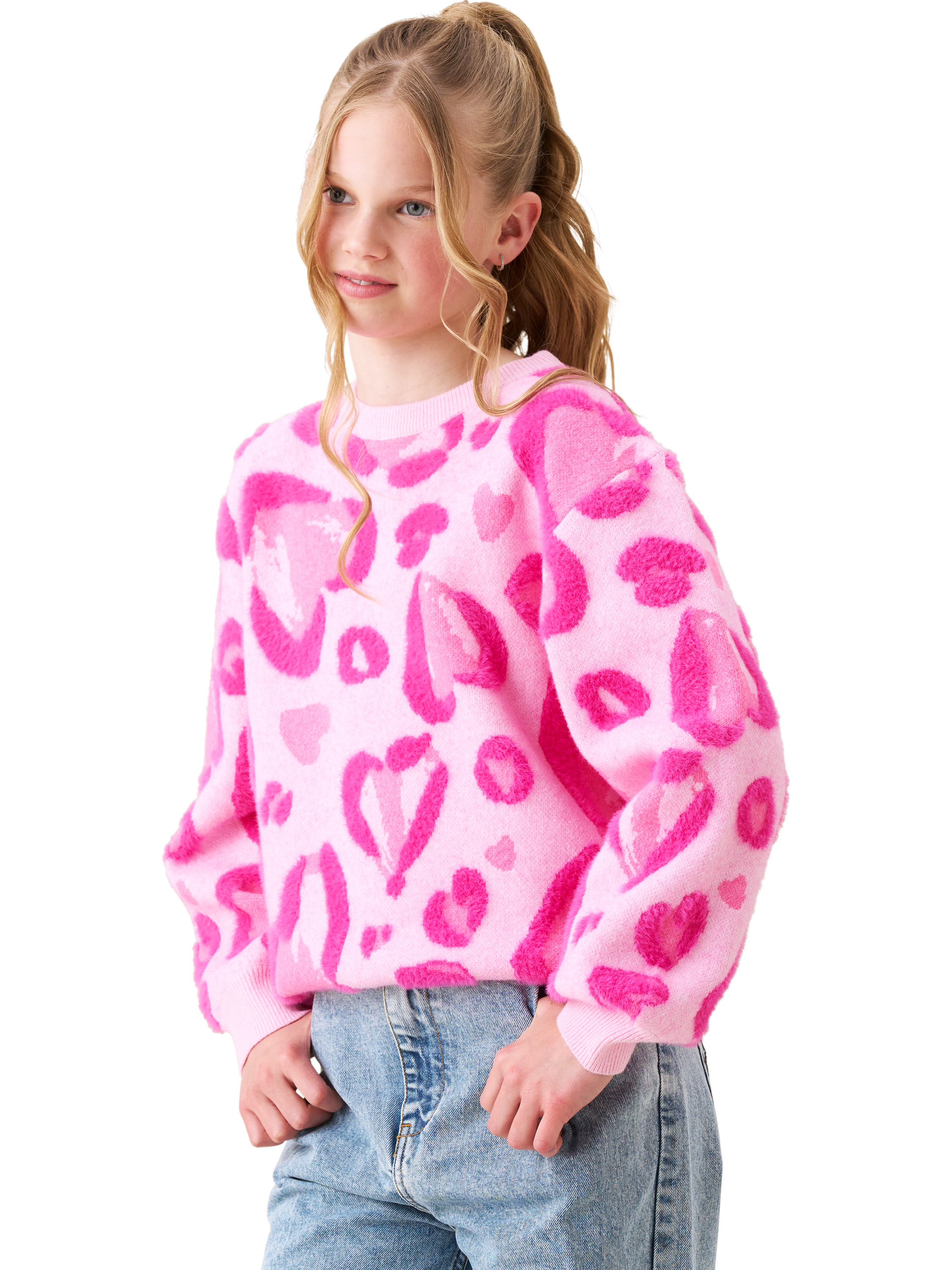 Product image 1 of 9, which shows Angel & Rocket Kids' Leo Relaxed Heart Jumper, Pink, 3-4 years