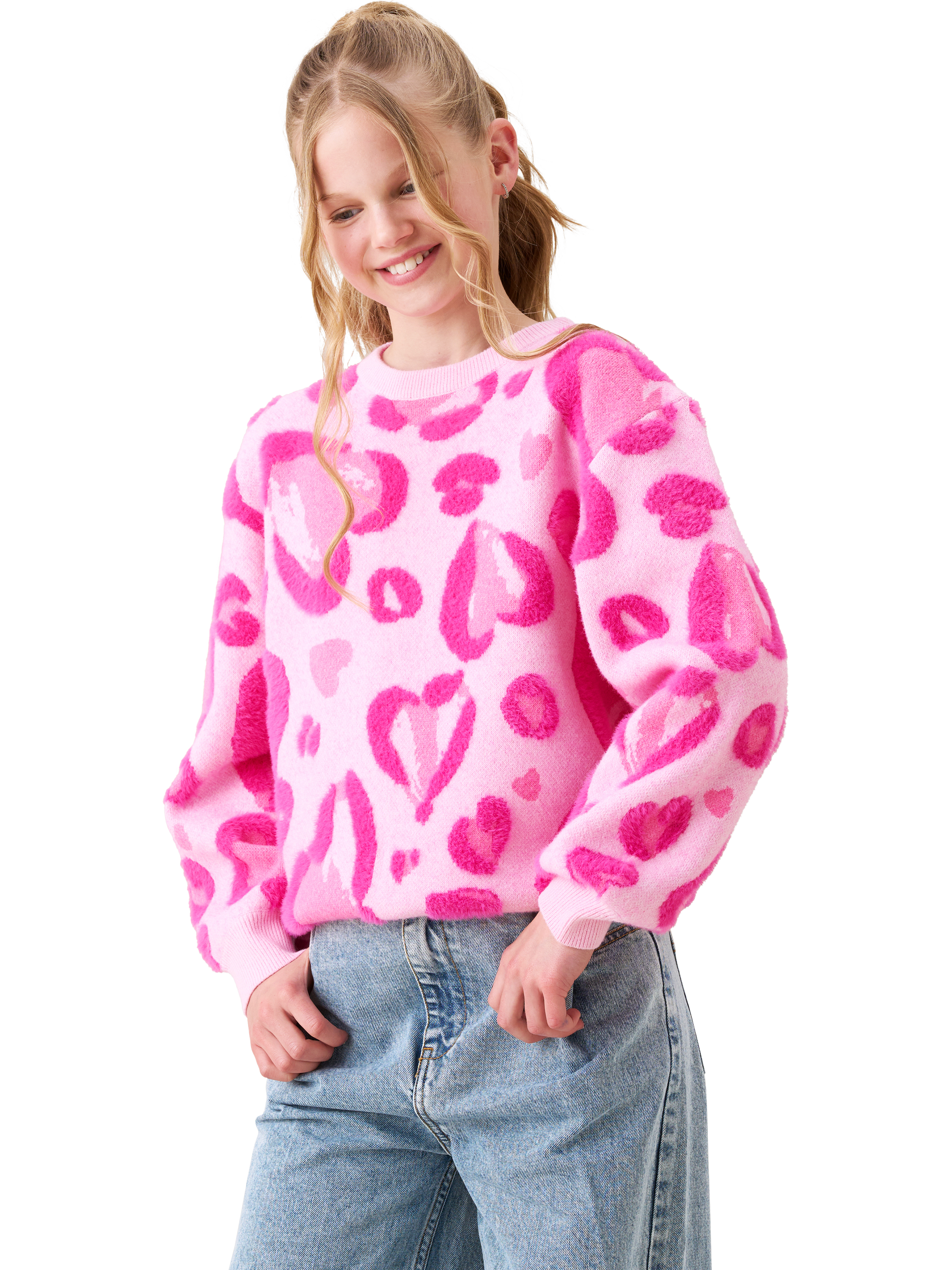 Product image 2 of 9, which shows Angel & Rocket Kids' Leo Relaxed Heart Jumper, Pink, 3-4 years