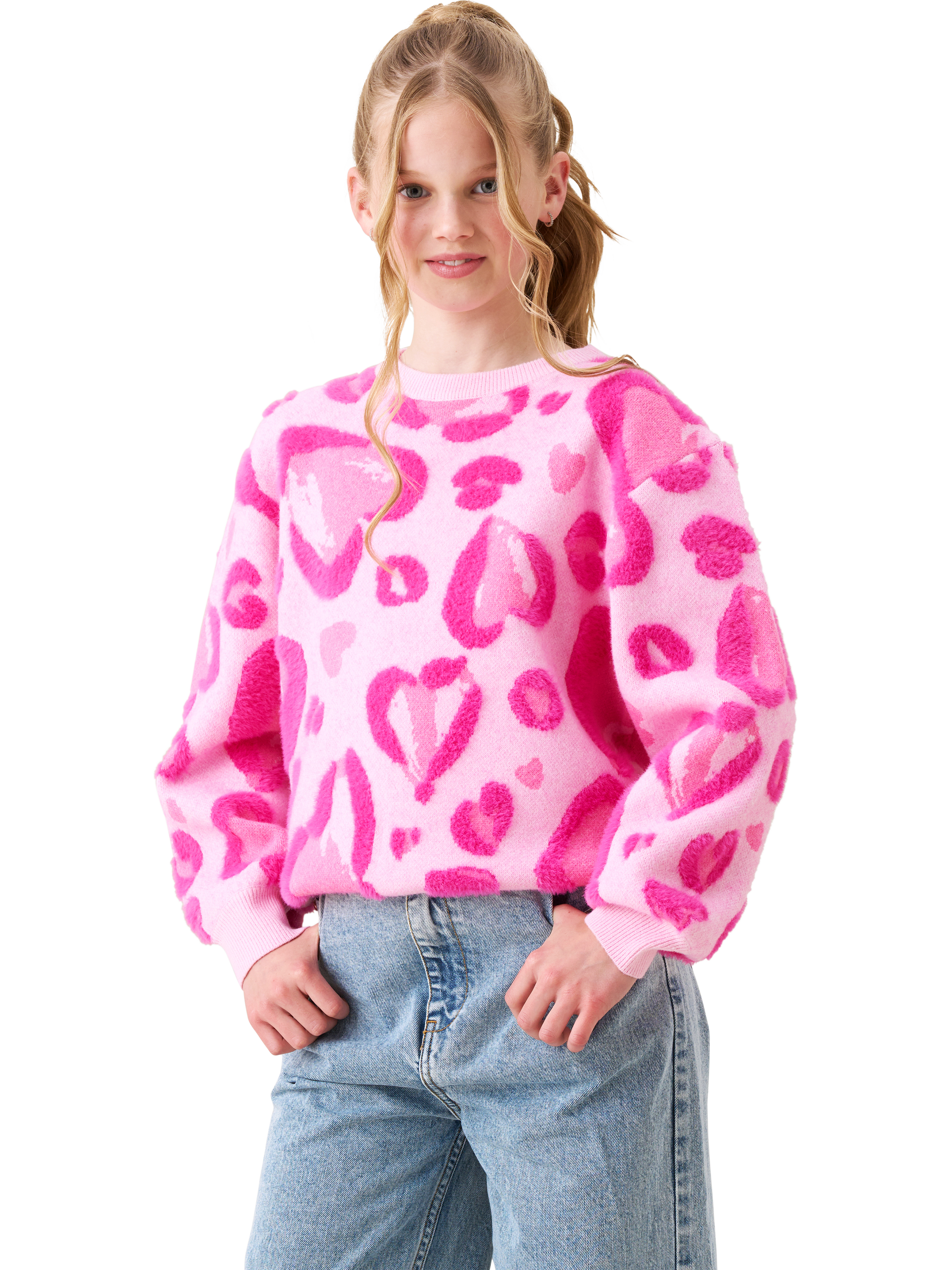 Product image 6 of 9, which shows Angel & Rocket Kids' Leo Relaxed Heart Jumper, Pink, 3-4 years
