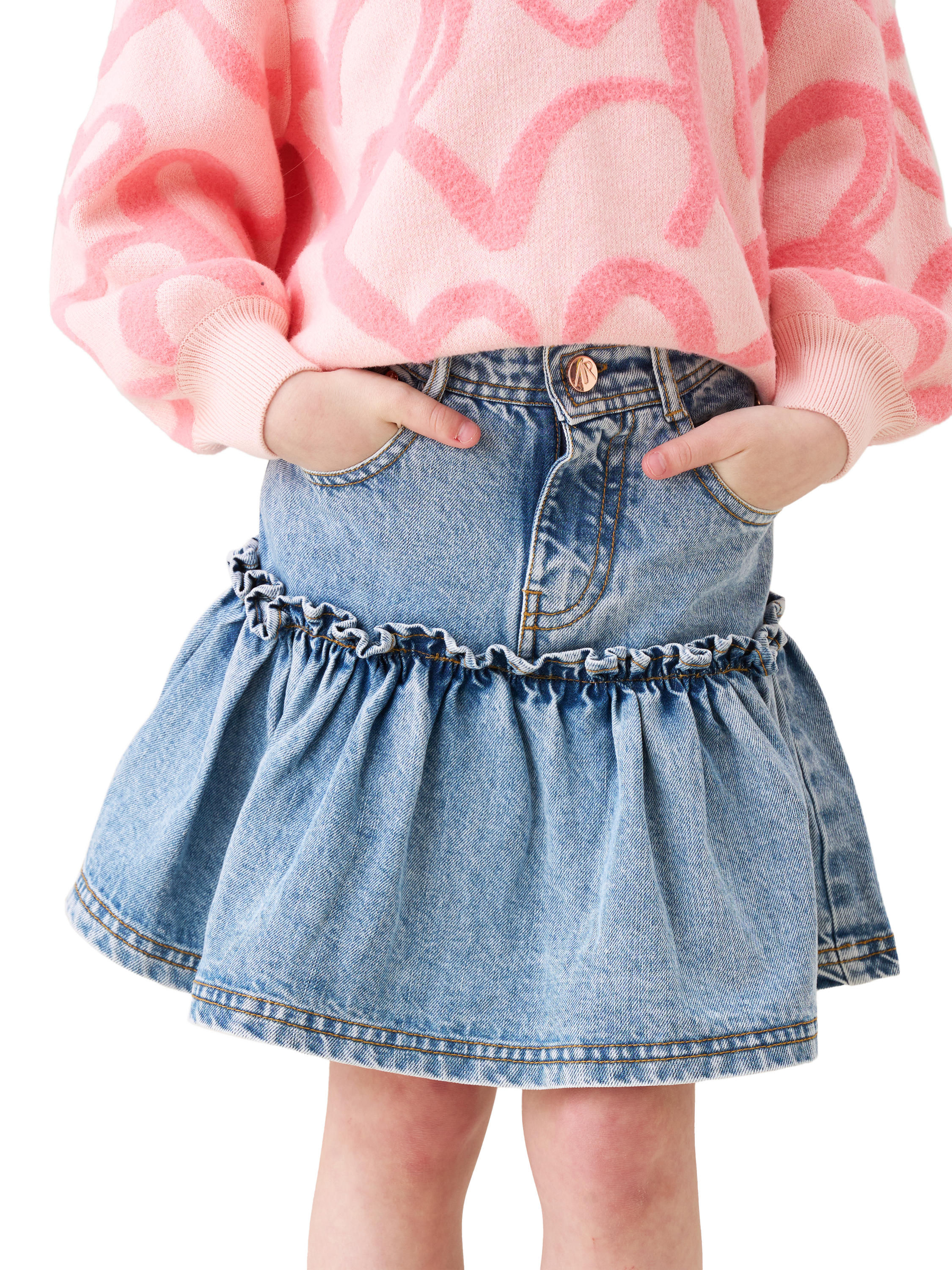 Product image 1 of 8, which shows Angel & Rocket Kids' Denim Ruffle Hem Heart Skirt, Denim, 3 years