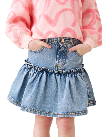 Angel & Rocket Kids' Denim Ruffle Hem Heart Skirt, Denim