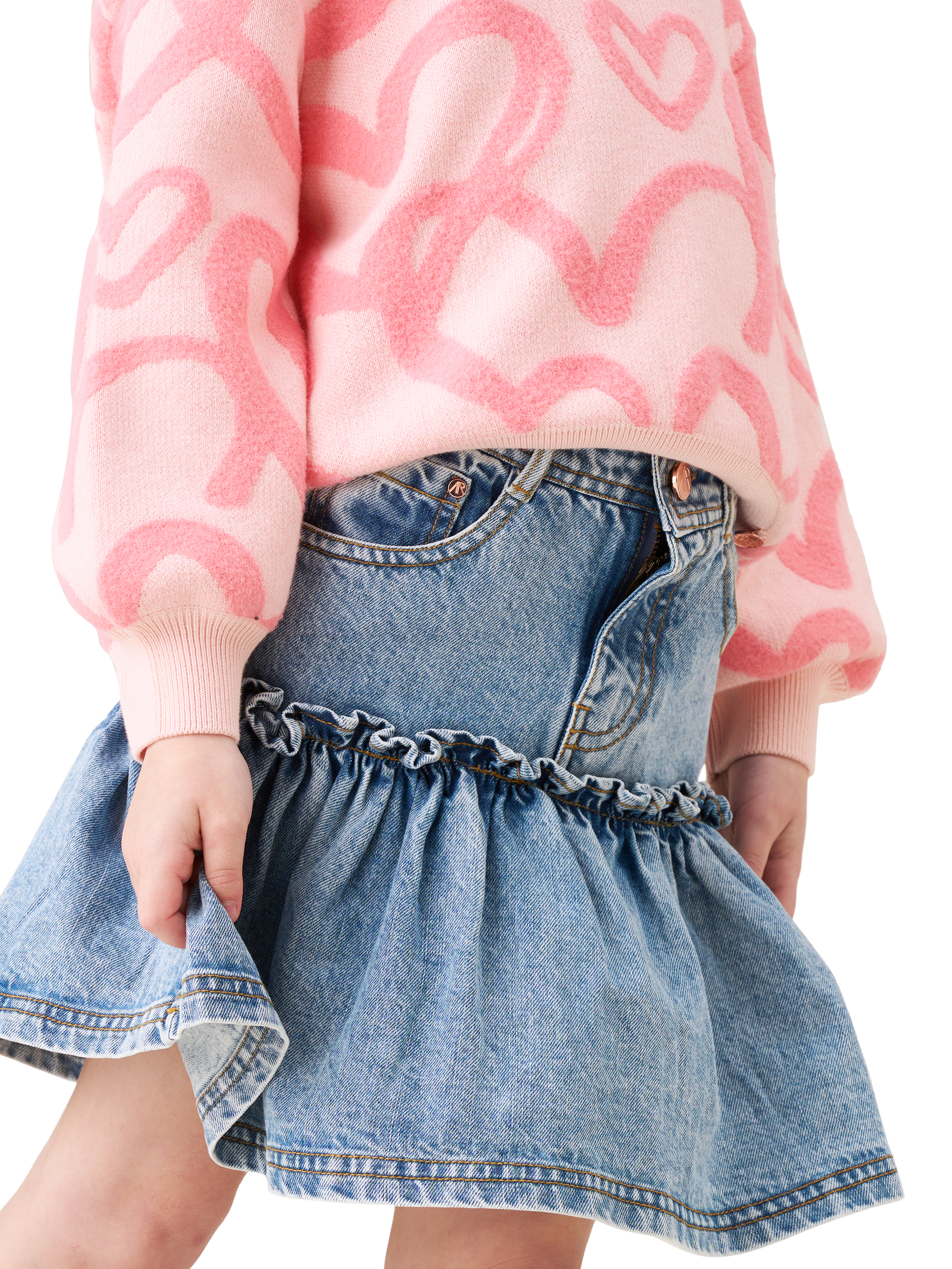 Product image 2 of 8, which shows Angel & Rocket Kids' Denim Ruffle Hem Heart Skirt, Denim, 3 years