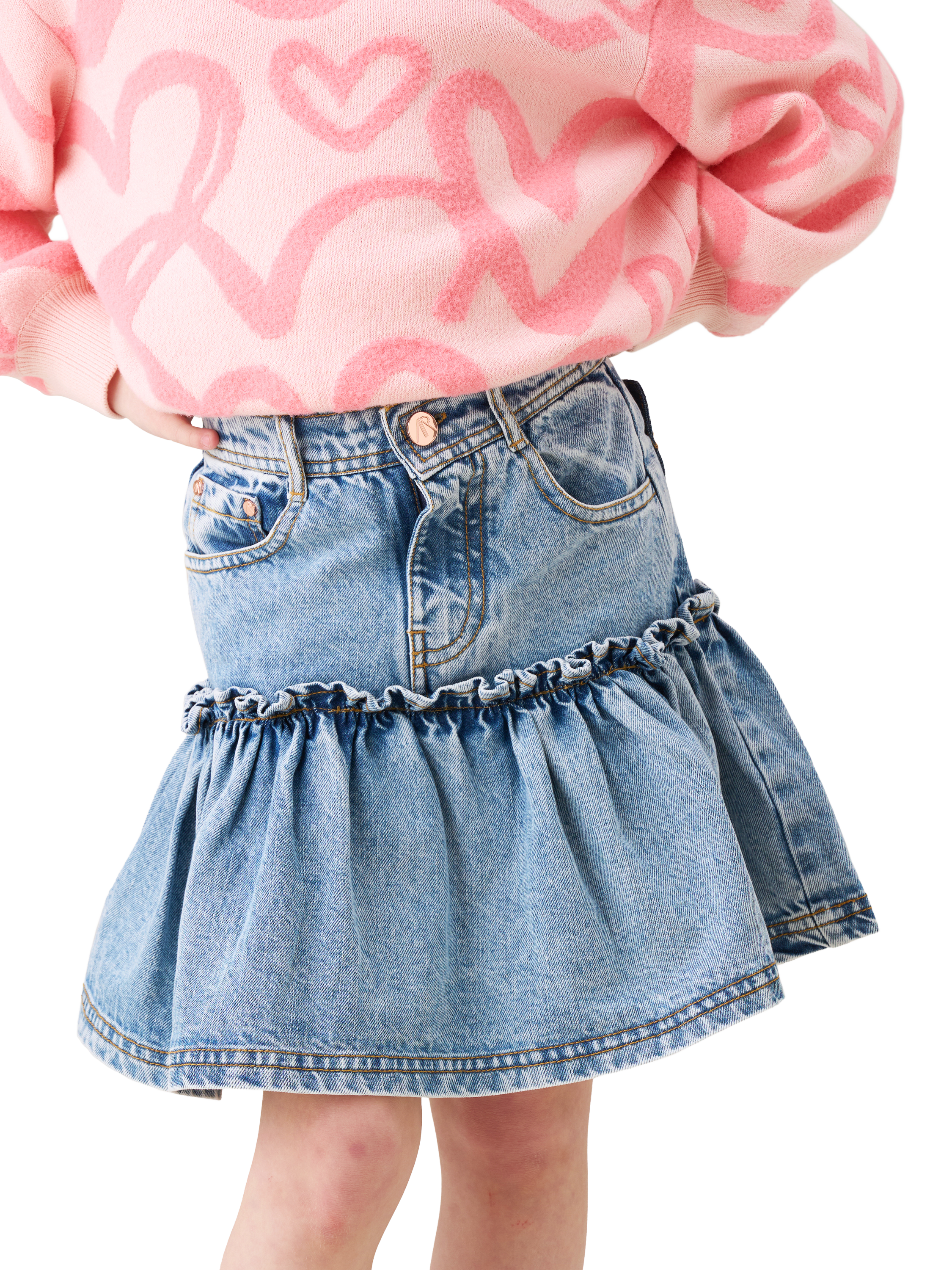 Product image 3 of 8, which shows Angel & Rocket Kids' Denim Ruffle Hem Heart Skirt, Denim, 3 years