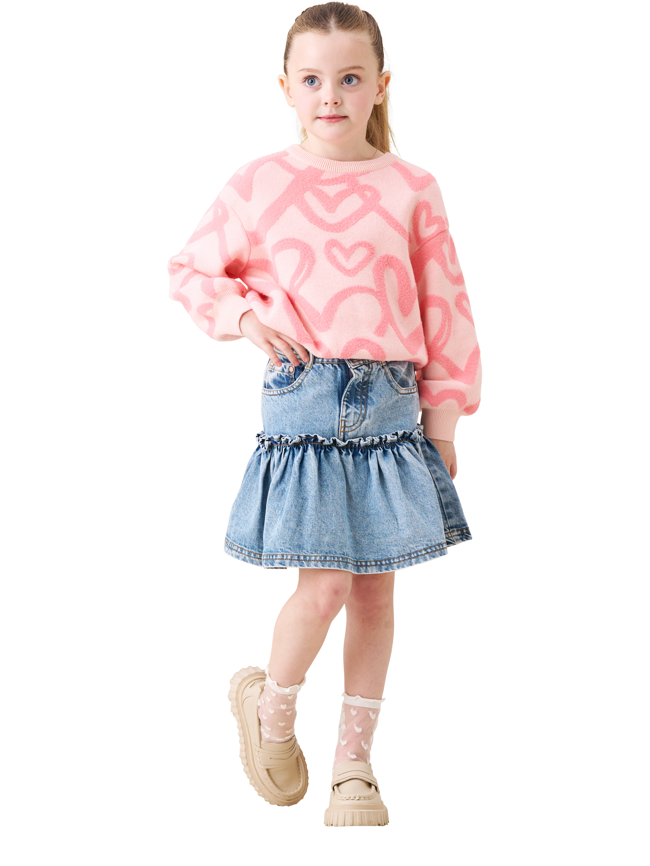 Product image 4 of 8, which shows Angel & Rocket Kids' Denim Ruffle Hem Heart Skirt, Denim, 3 years