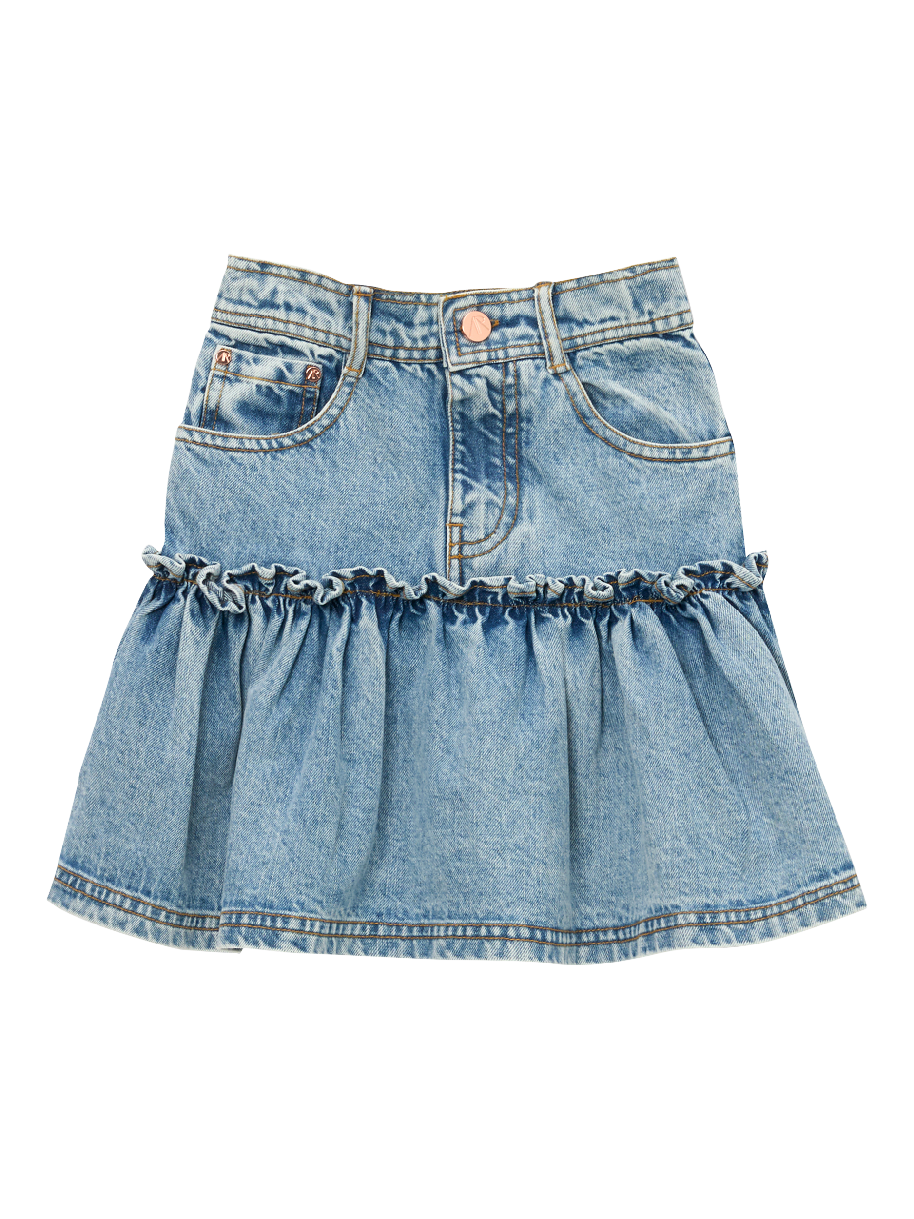 Product image 6 of 8, which shows Angel & Rocket Kids' Denim Ruffle Hem Heart Skirt, Denim, 3 years