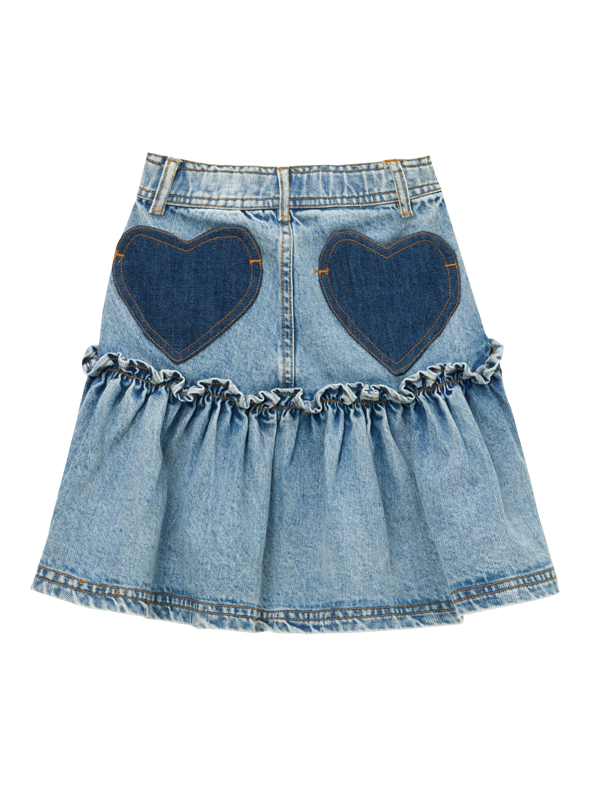 Product image 7 of 8, which shows Angel & Rocket Kids' Denim Ruffle Hem Heart Skirt, Denim, 3 years
