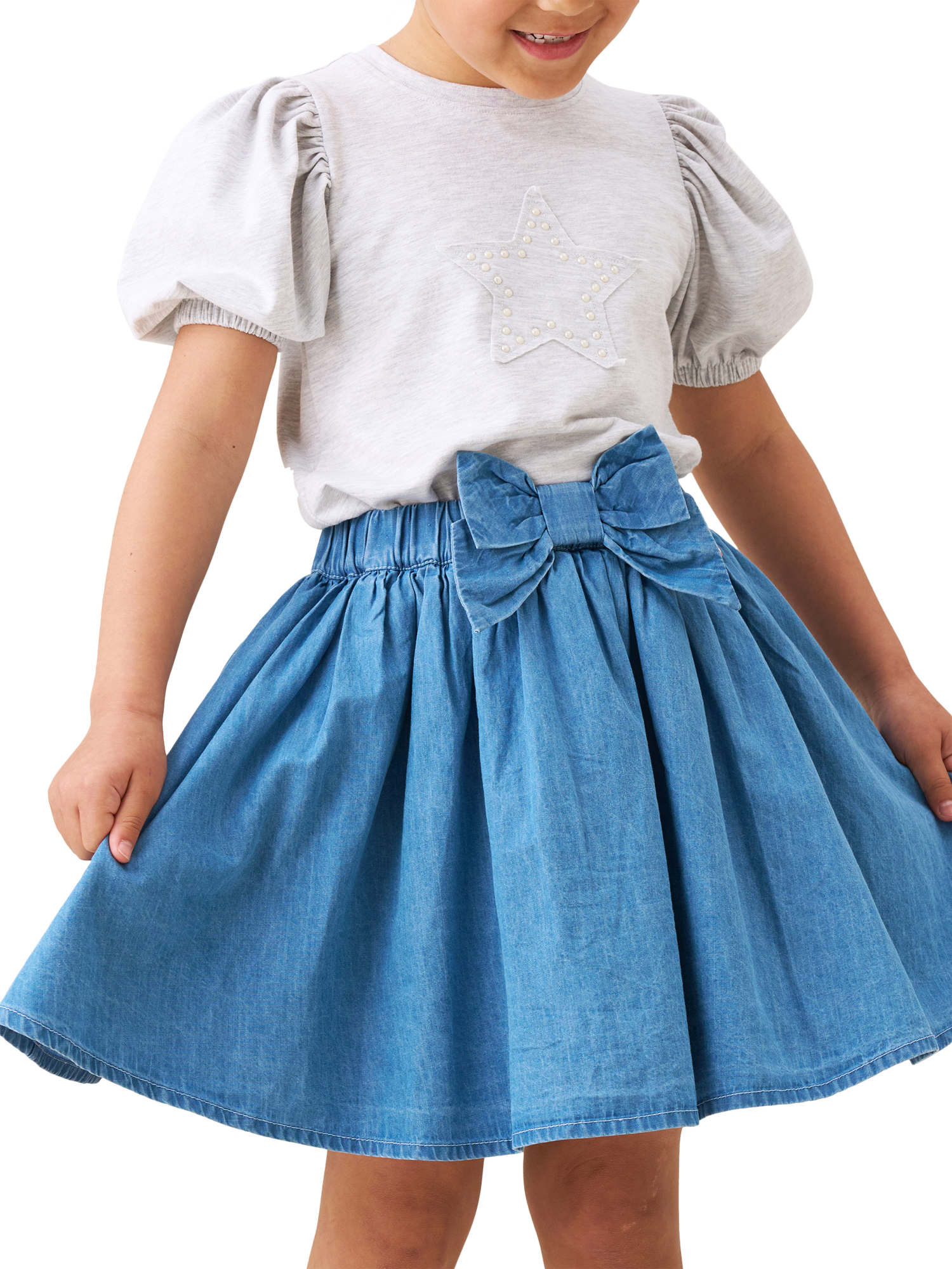Product image 1 of 3, which shows Angel & Rocket Kids' Bow Skirt, Denim, 3 years