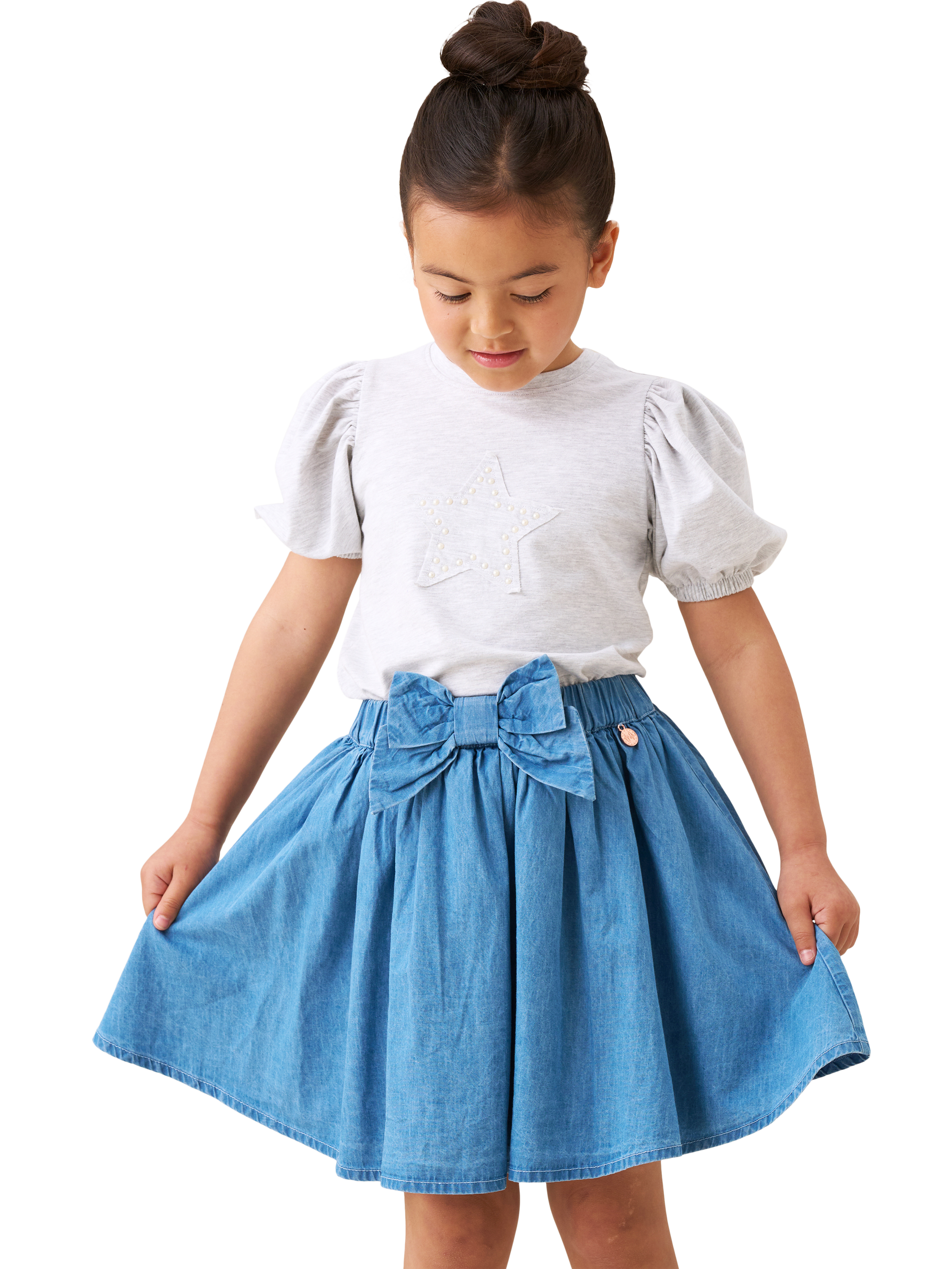 Product image 2 of 3, which shows Angel & Rocket Kids' Bow Skirt, Denim, 3 years