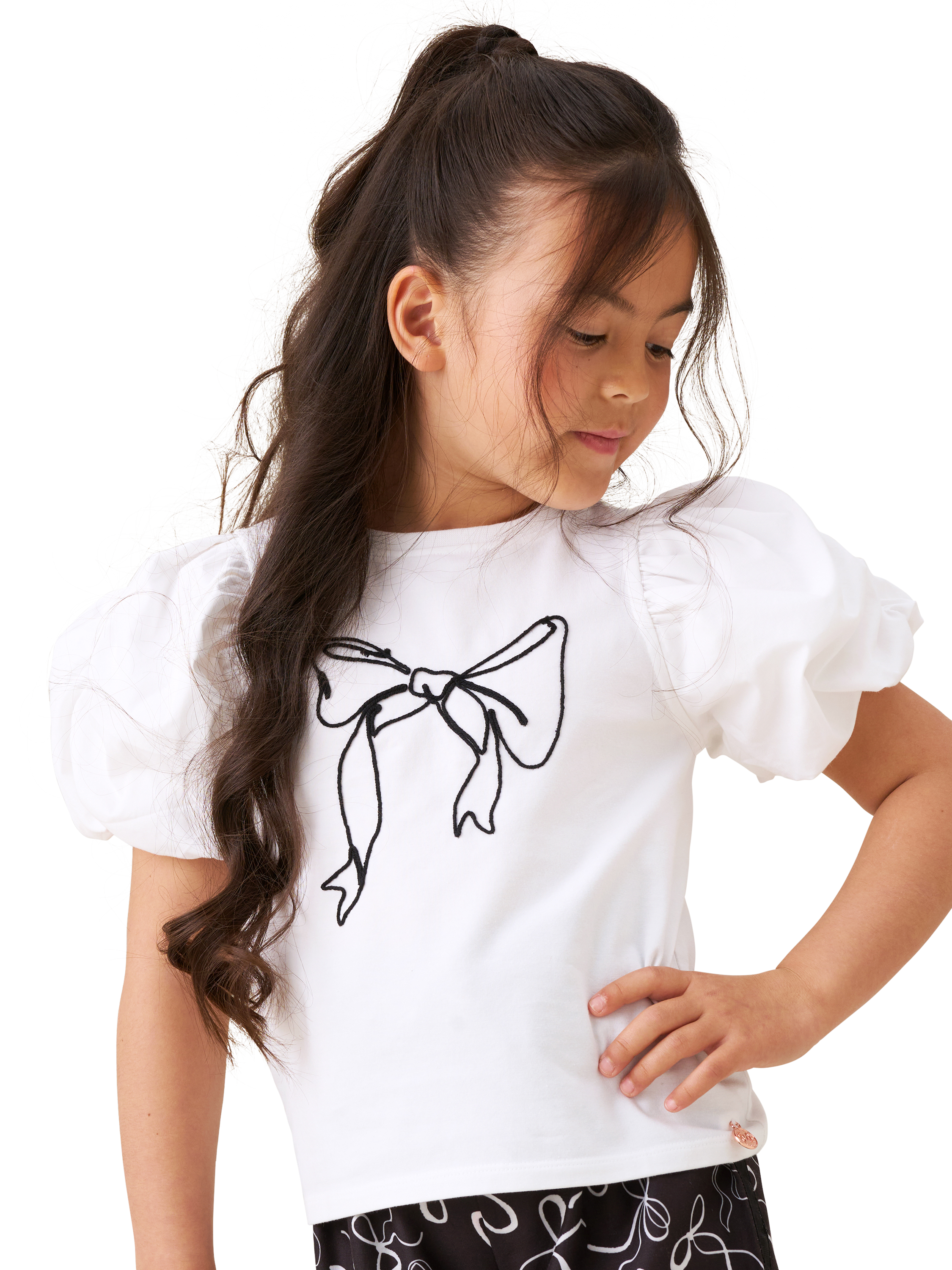 Product image 1 of 7, which shows Angel & Rocket Kids' Cotton Puff Sleeve Bow T-Shirt, White, 3-4 years