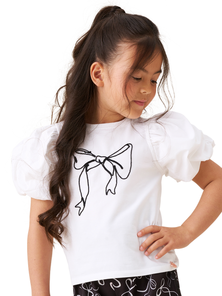 Angel & Rocket Kids' Cotton Puff Sleeve Bow T-Shirt, White, White